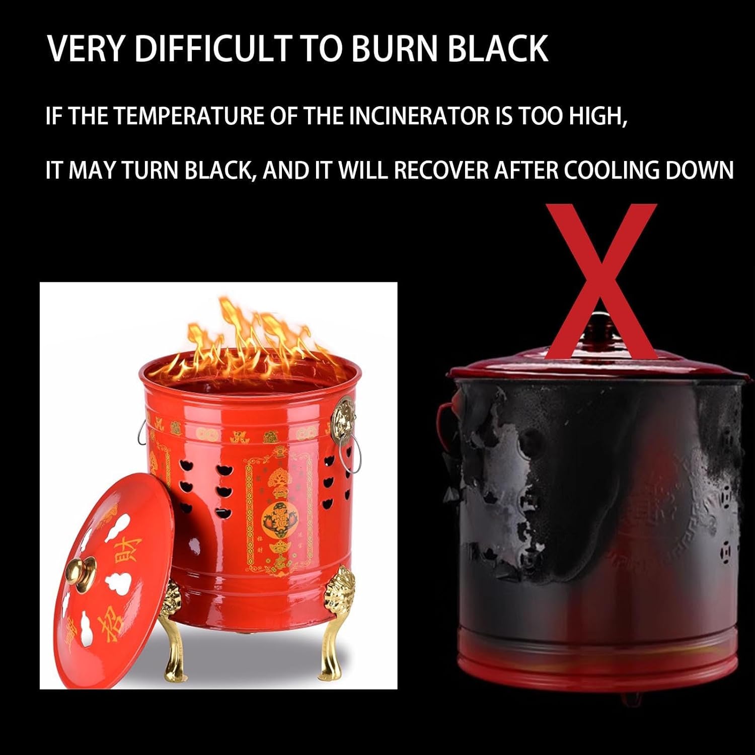 Enamel Burn Barrel Incinerator Can with fire Tongs - Efficient Garden Incinerator Metal Garden Fire Pit Cage Yard Debris Furnace Burning Bin Bucket for Waste Garden Leaf Wood Bonfire(33x54cm)