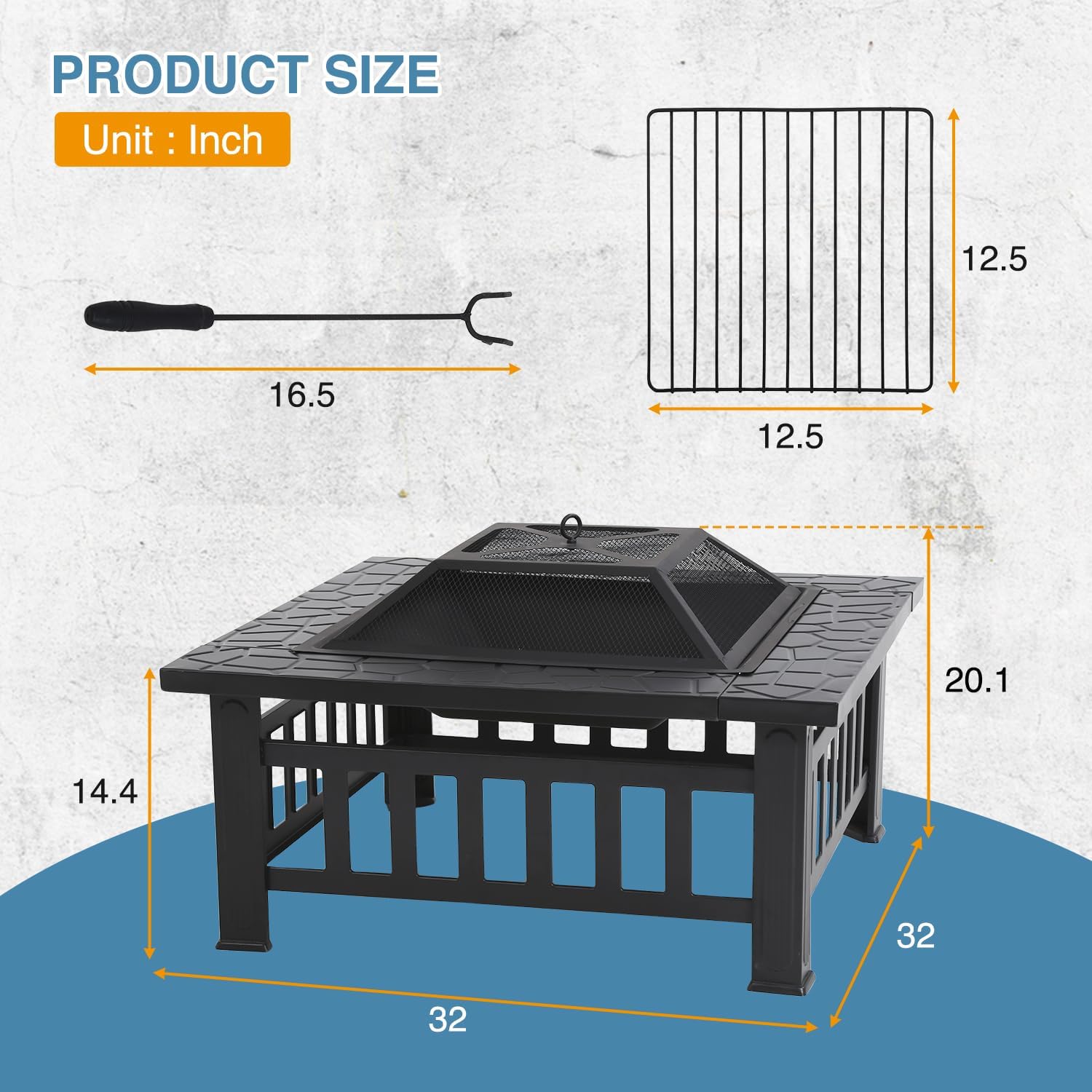 Fire Pit Table Square Metal Firepit Stove Backyard Patio Garden Stove Fireplace Mesh Cover Poker for Camping, Outdoor Heating, Bonfire and Picnic,32in