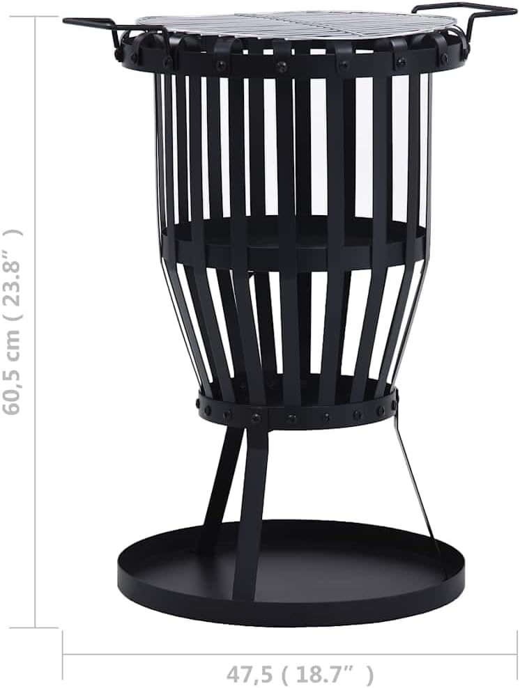 vidaXL Powder-Coated Steel Garden Fire Pit with Cook Grill – Portable BBQ Fire Basket with Stable Base – Ideal for Garden, Backyard, Outdoor and Patio – Black, 19
