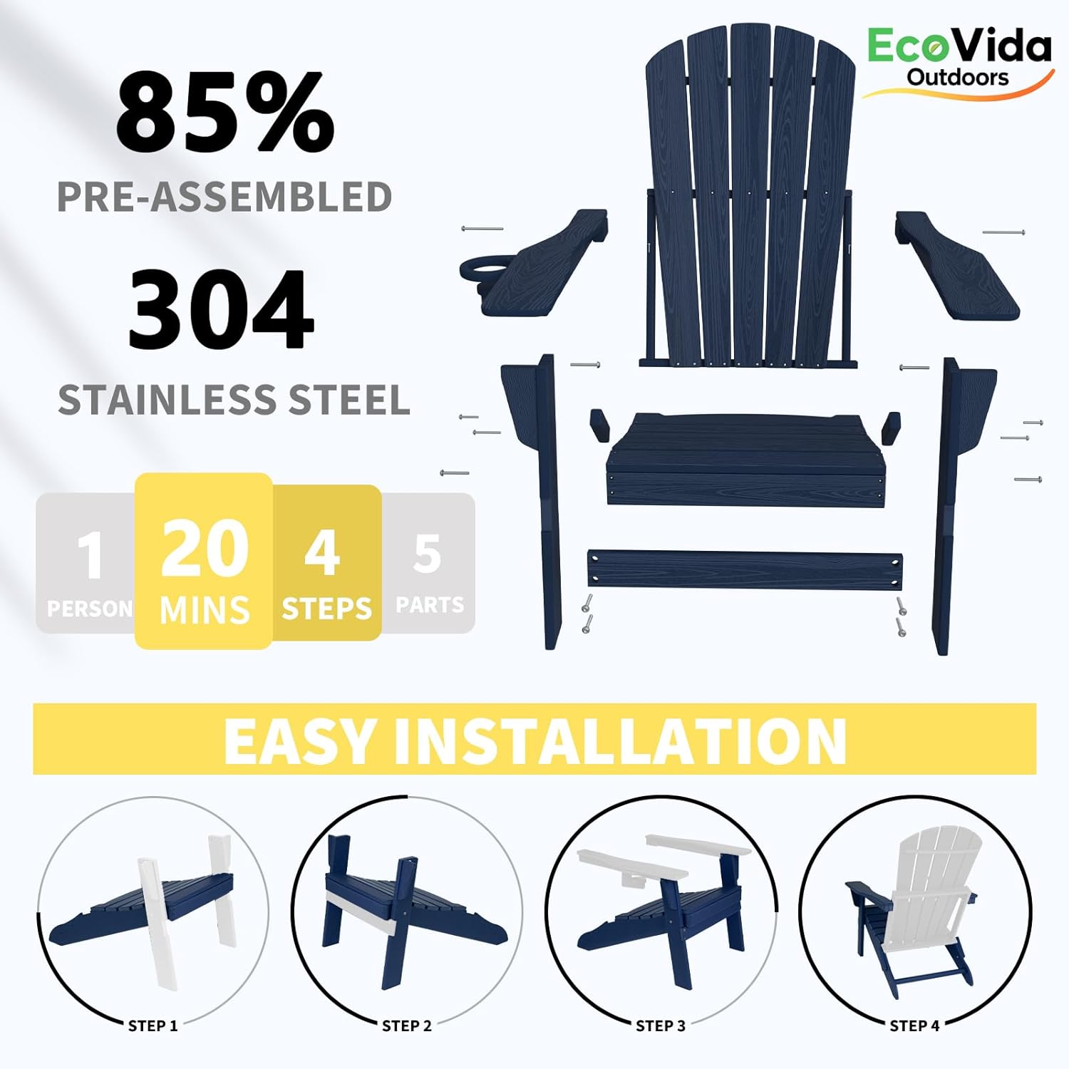 Upgraded Folding Adirondack Chair with All-Weather Cup Holder-EcoVida, Premium Wood Grain Texture, HDPE Waterproof, Suitable for Fire Pit, Patio, Porch, Navy