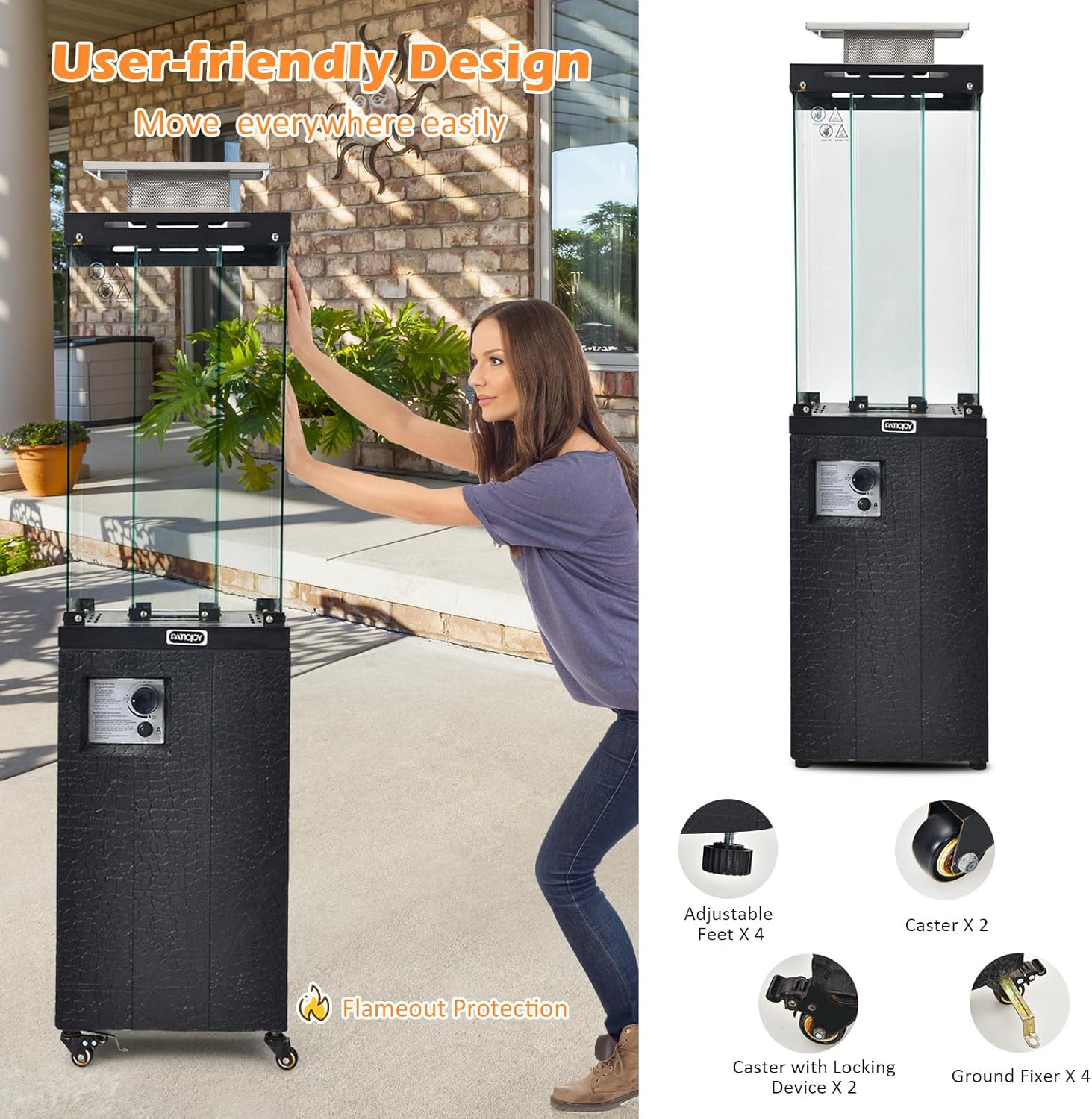 Tangkula 41,000 BTU Propane Patio Heater with Waterproof Cover, Outdoor Heater with Lockable Wheels, Adjustable Feet, Tempered Glass Tube, Suitable for Garden Porch Patio Deck (Black)