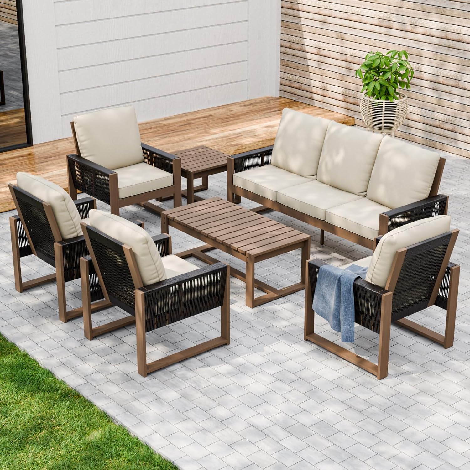 Rustic Hideaway Natural Cedar Wood Outdoor Furniture Set, Wicker Patio Conversation Set for Porch Garden Backyard, Couch, 4 Patio Chairs, Tables, 7 Piece, Brownish/Beige