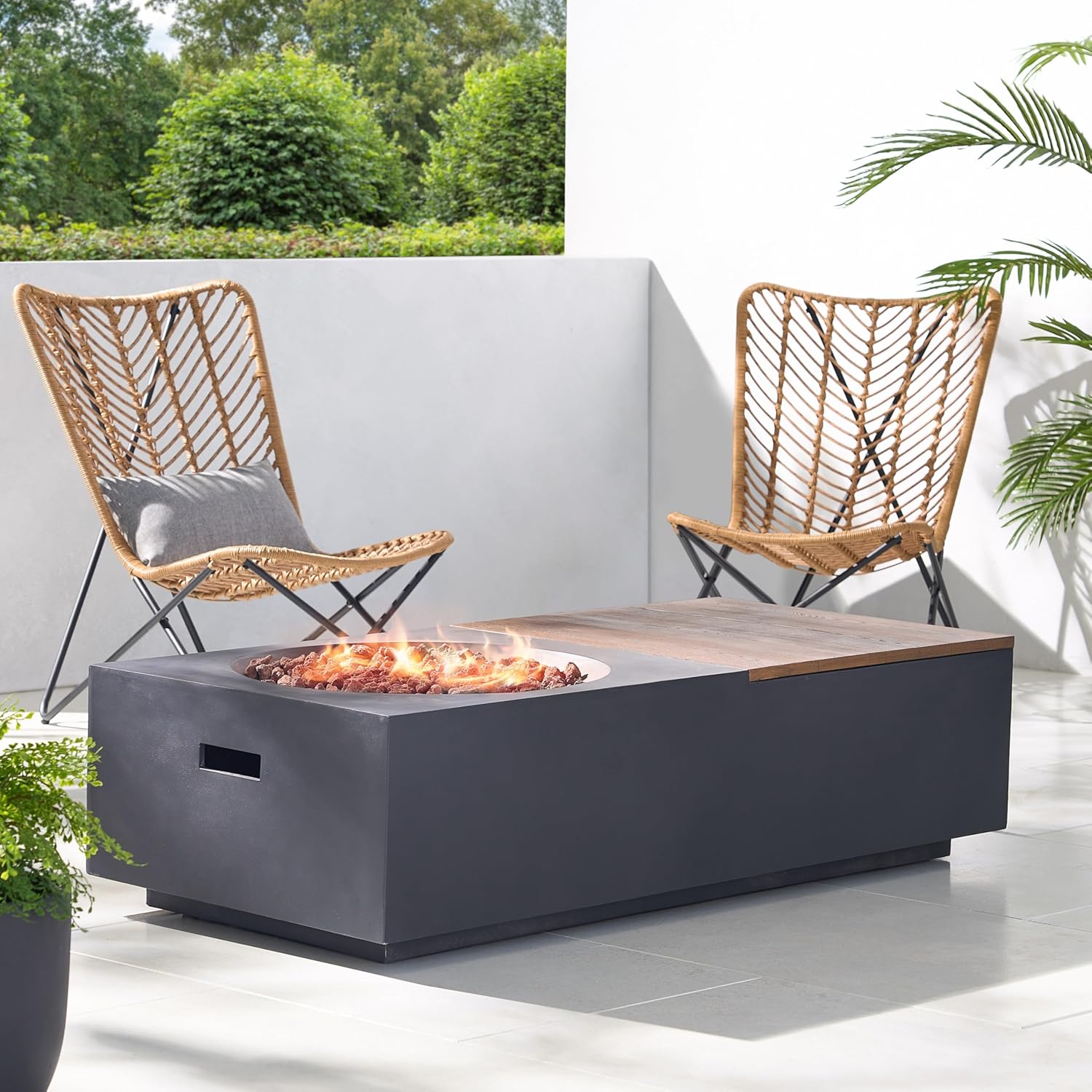 Outdoor 50,000 BTU Lightweight Concrete Rectangular Fire Pit Table with Storage, Dark Gray and Natural Brown (Tank Cover not Included)