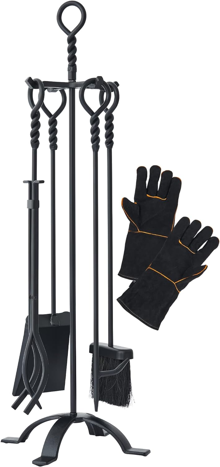 Lichamp Fireplace Tools Set, 5-Pieces Indoor Outdoor Sturdy Fire Place Poker Sets with Retro Handle and Heat Resistant Leather Gloves, FTS55BK