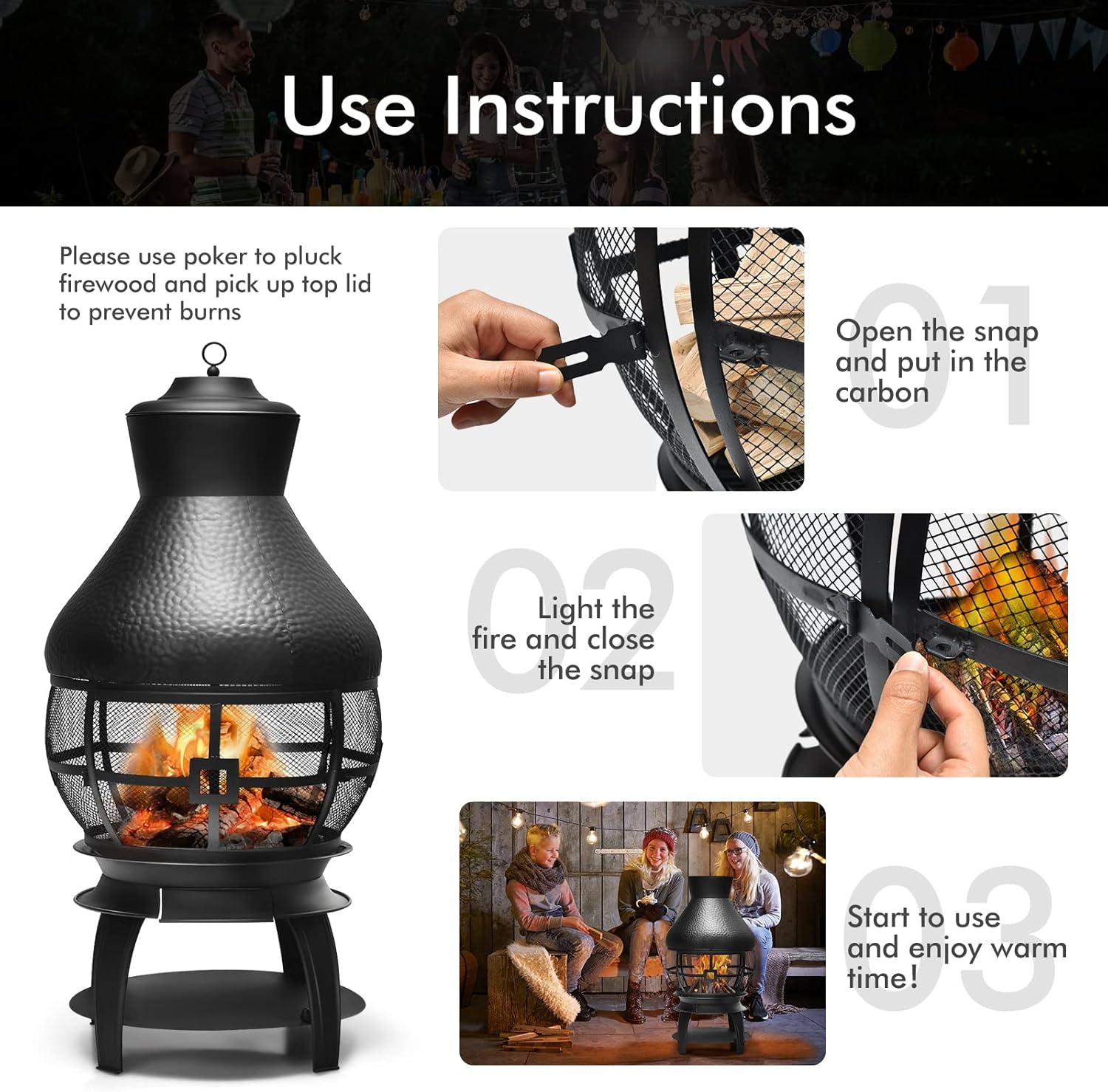 Outdoor Fire Pits 22 Inch, Wood Burning Fire Pit Metal Firepit Bonfire Pit Firebowl with Poker for Patio, Garden, Camping, Heating, BBQ, Black