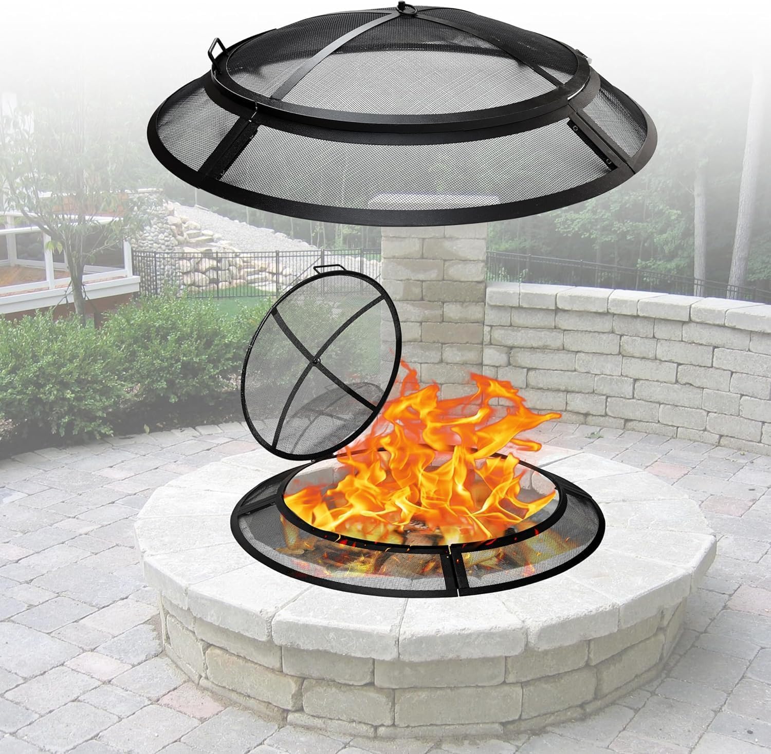 FEBTECH - Fire Pit Screen 40 inch Round Heavy Duty Outdoor FirePit Screen Round with Hook for Easy to Lift Spark Ring, Firepit Replacement Screen & Fire Pit Insert