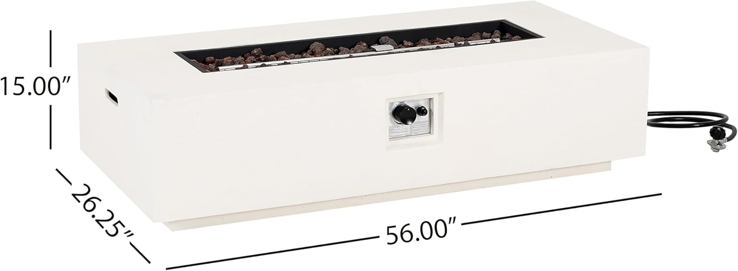 Christopher Knight Home Aidan Lightweight Concrete Outdoor Propane Fire Pit Table, 50,000 BTU Rectangular Fire Table for Patio Furniture Set (No Tank Holder), Fully Assembled Patio Fire Pit, White