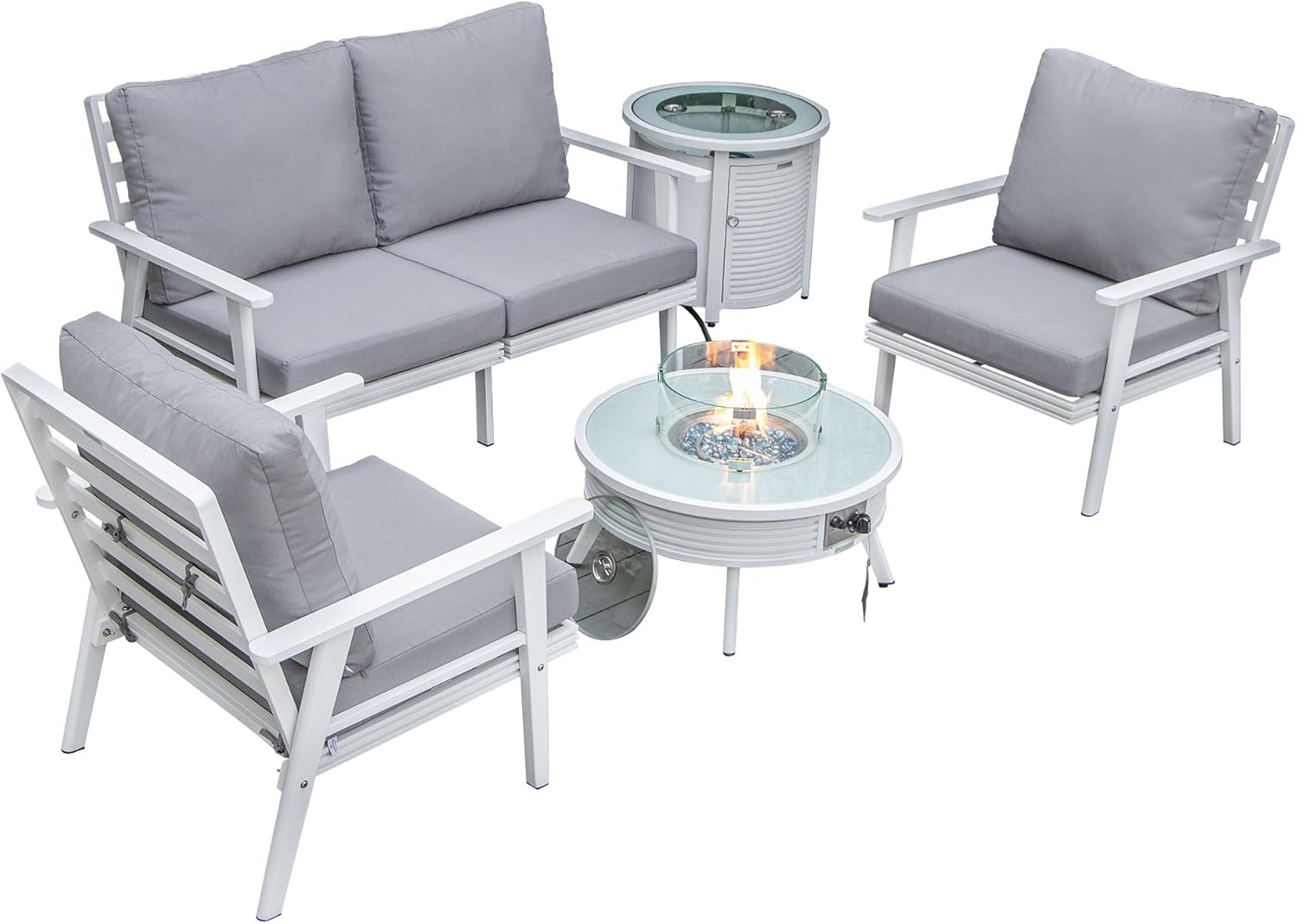 LeisureMod Walbrooke Modern Aluminum 5-Piece Patio Conversation Set with Outdoor Round Fire Pit Slats Design & Side Table Tank Holder, Grey