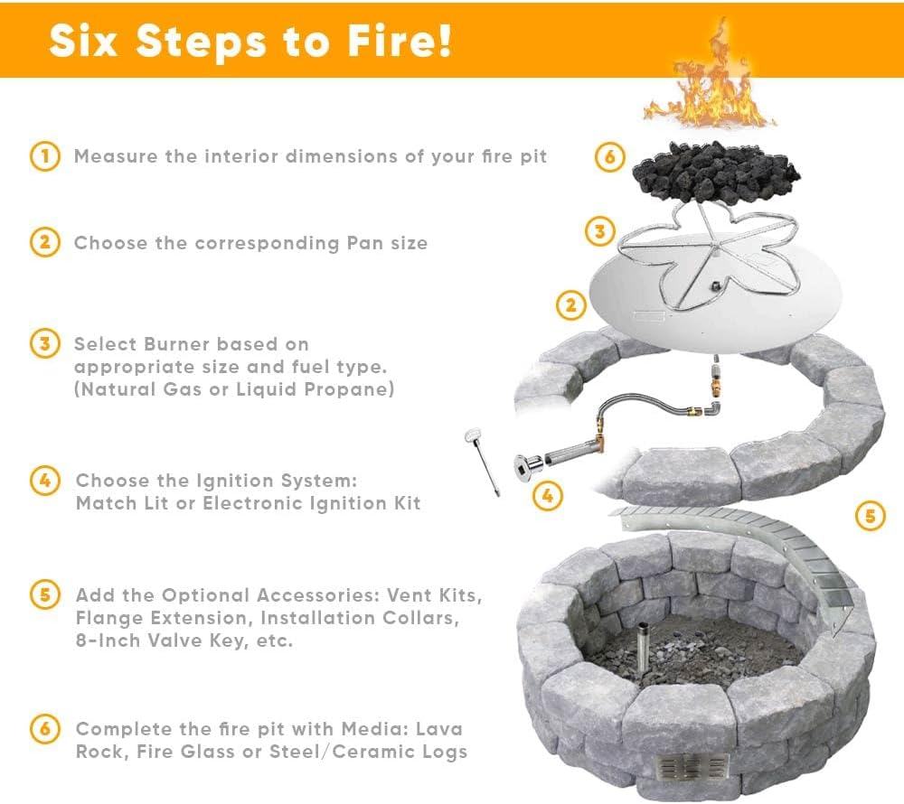 HPC Penta Match Lit Fire Pit Burner Kit with 18-Inch Stainless Steel Burner and 24-Inch Round Flat Pan, Natural Gas, Polished Chrome, with Flange, Key, Valve, Flex Line and Fittings