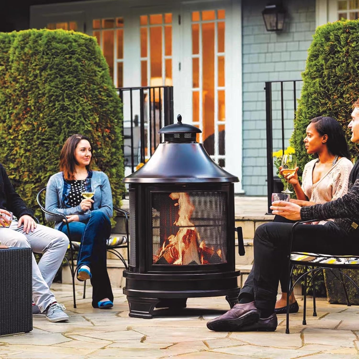 Metal Chiminea Fire Pit with Grill, 2 in 1 Outdoor Fire Pit, Camping Stove with Adjustable Grill Tray & Spark Screen Door, for Garden, Backyard, BBQ