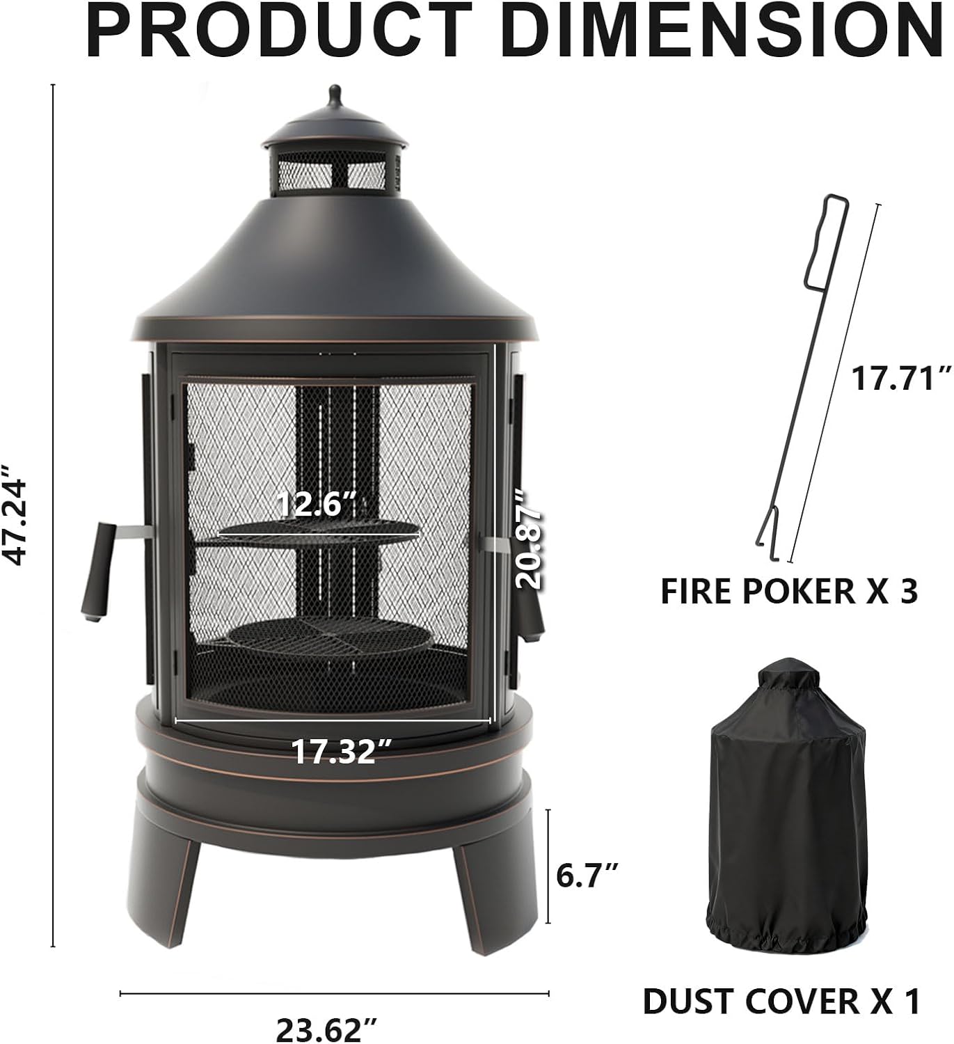 ALAULM Metal Chiminea Fire Pit with Grill, 2 in 1 Firepit with Adjustable Grill Tray & Mesh Spark Screen Door, 3-Door Multi-Access Fireplace for Patio, Garden & Backyard