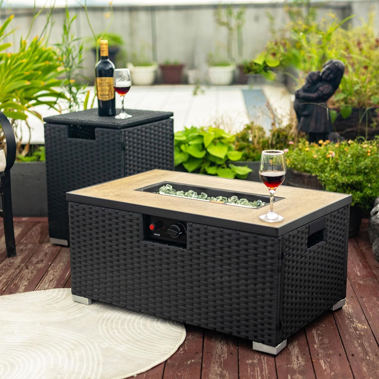 32in Gas Fire Pit Table Set, 50,000 BTU Propane Fire Pit Table Outdoor with Rain Cover, Hideaway Tank Holder Fits 20lb Tank, Gas Fire Pit for Outside w/Ceramic Tabletop and lid, Glass Rocks.