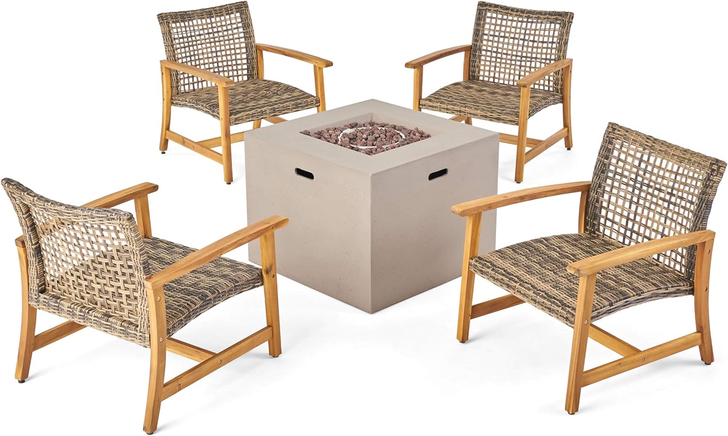 GDFStudio Outdoor 5 Piece Wood and Wicker Club Chairs and Fire Pit Set, Gray and Light Gray