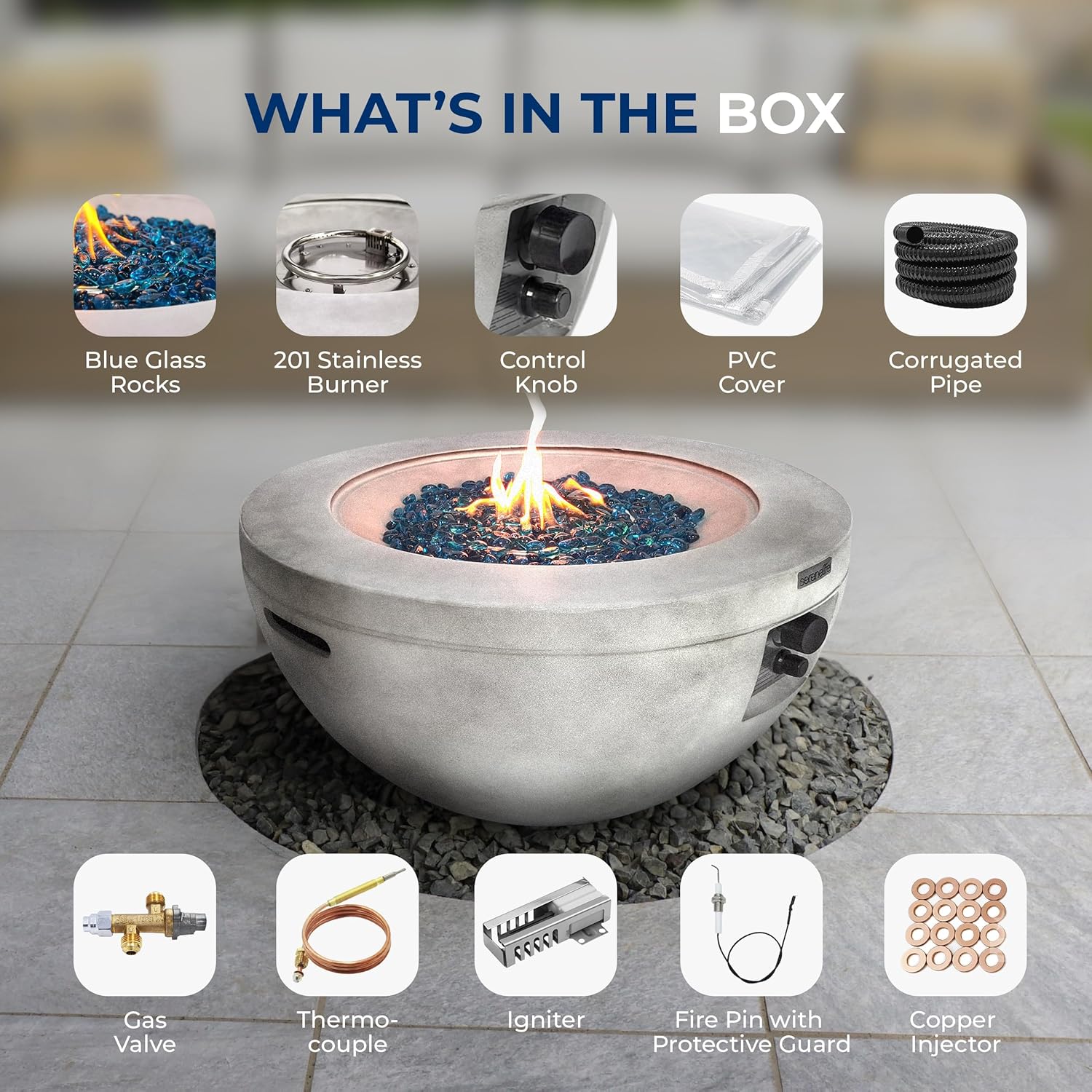 SereneLife 40,000 BTU Propane Fire Pit Table, Round Gas Fire Table with Adjustable Flame Height, Weather Resistant, Blue Glass Rocks, Safe and ETL Certified for Outdoor Use, 30