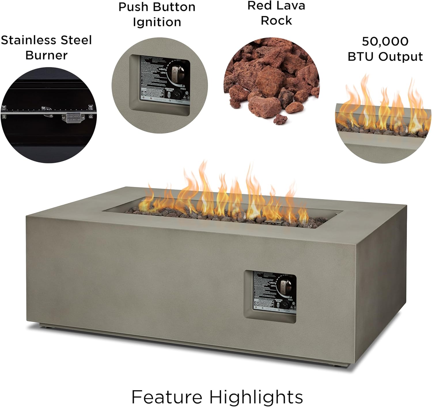 Real Flame Aegean 42in Rectangle Propane or Natural Gas Fire Pit Table, 50,000 BTU, Powder-Coated Steel, Push-Button Ignition, CSA Certified, Lava Rock, Storage Cover, Stainless Steel Burner with Lid