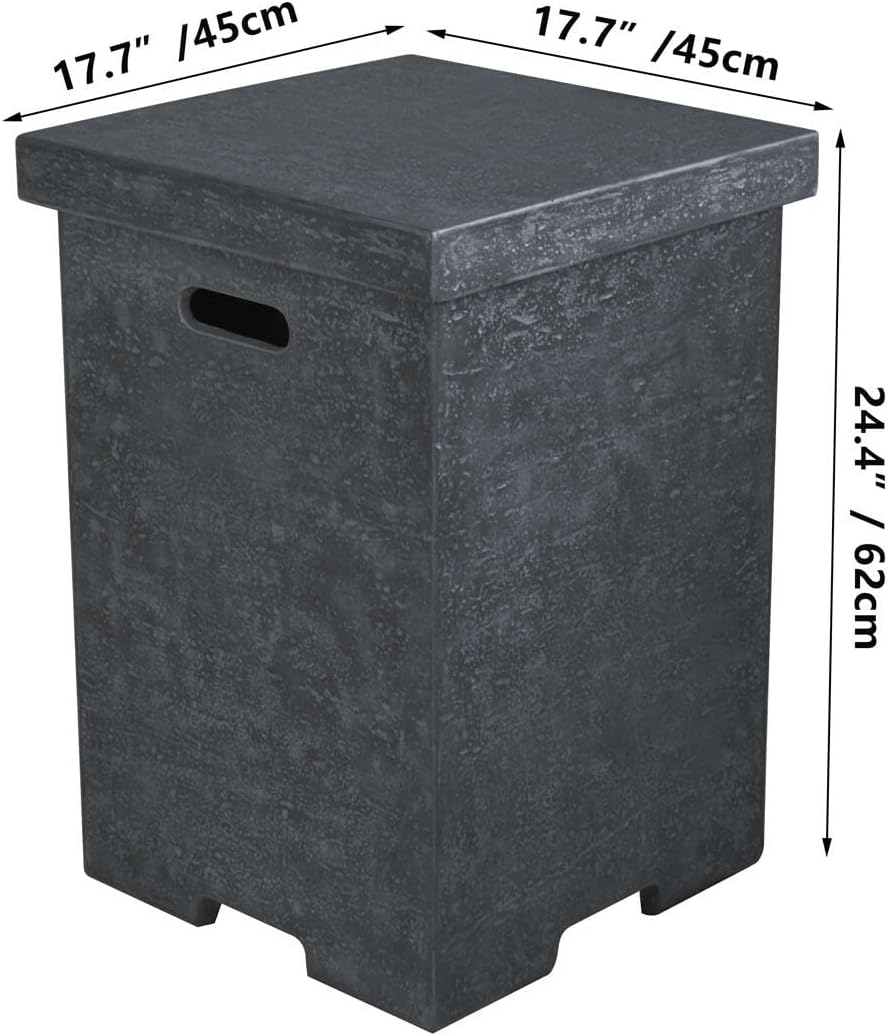 AMS Fireplace | Elementi Tall Dark Grey Square Travertine Propane Tank Cover | Concrete GFRC Base | Dimensions: 17.7 x 17.7 x 24.4 inches | Complement Hampton, and Others Fire Pit Tables Perfectly