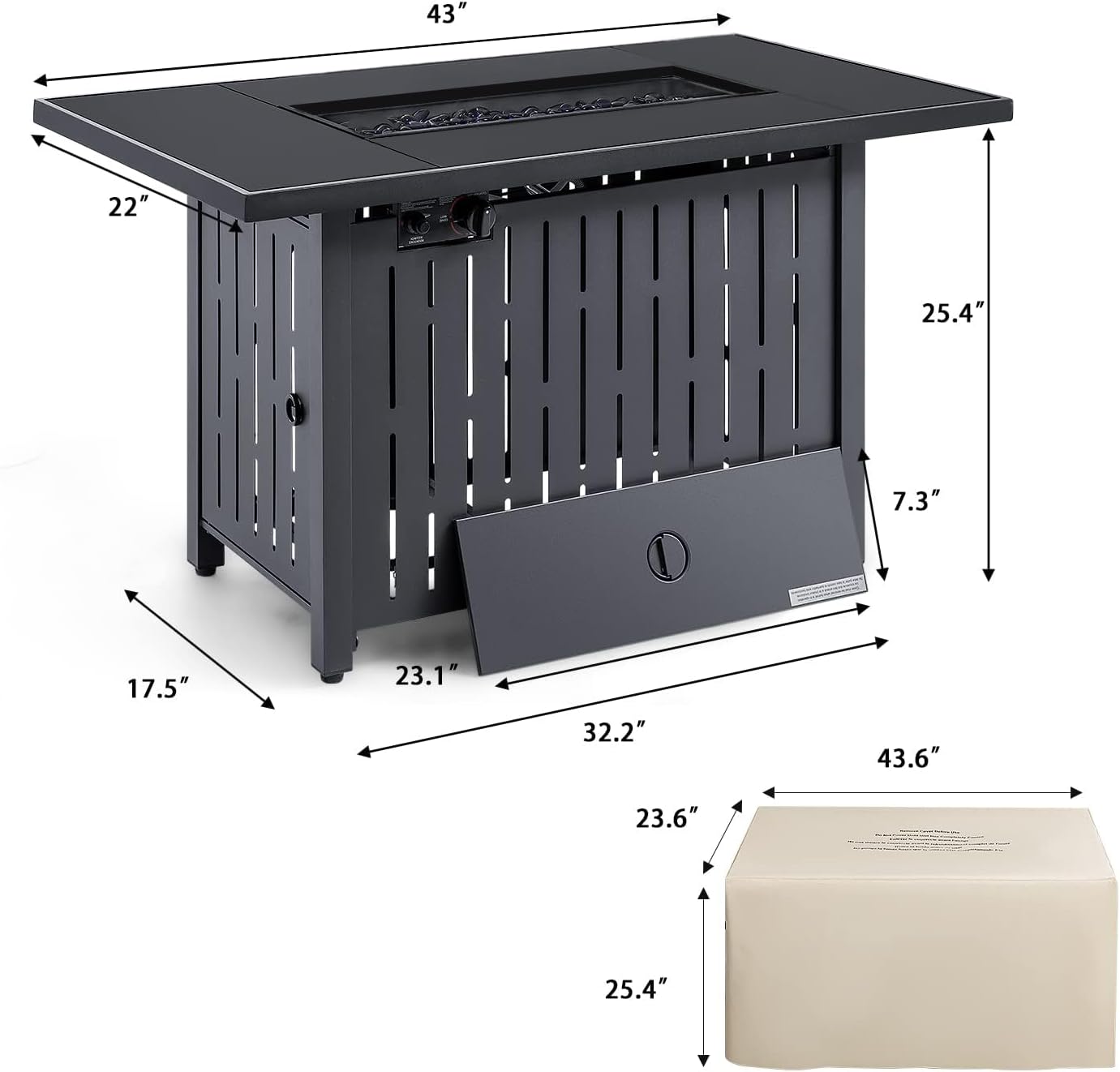 Devoko 43 inch Propane Gas Fire Pit Table Outdoor 50,000 BTU Auto lgnition Patio Propane Gas Firepit with Tempered Glass Desktop and Glass Stone, Black