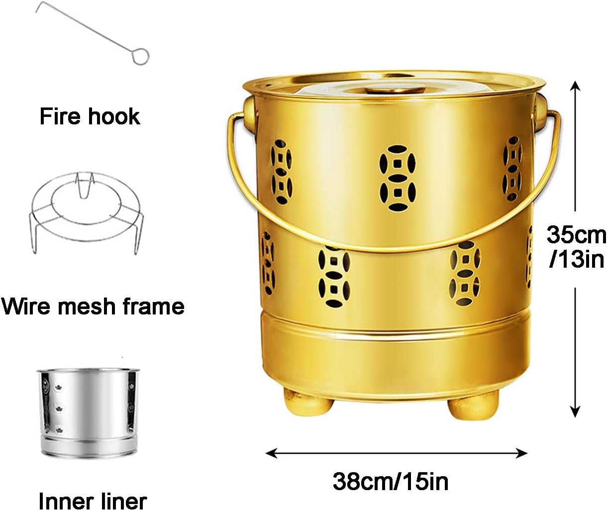 Burn Barrels for Outside, Fire Barrel, Incinerator, Portable Fire Pit, Burn Can for Paper, Burner Bucket for Burning Paper Leaves Trash Wood Burner(Gold,35cm/13in)