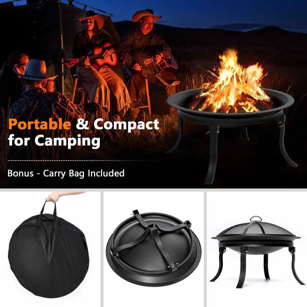 24inch Portable Fire Pits with 4 Foldable Legs Wood Burning Firepit Steel BBQ Grill Fire Bowl for Outdoor Camping Supply