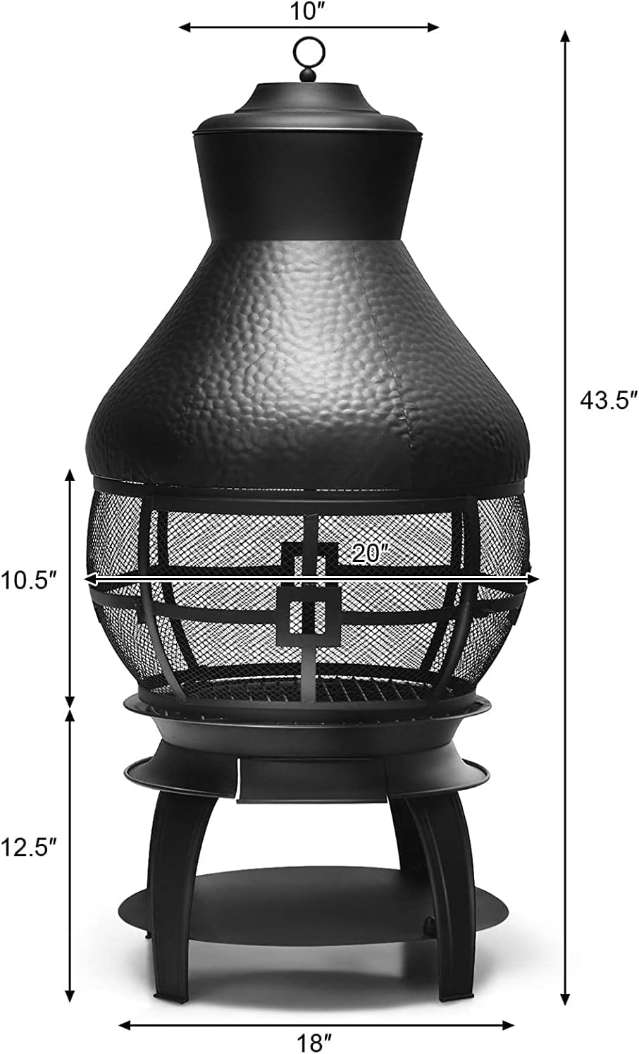 SAFSTAR Outdoor Cast Iron Chiminea, Fireplace Wooden Chiminea Fire Pit w/Fire Poker, 360°Fire Retardant Mesh Cover, Patio Wood Burning Fire Pit