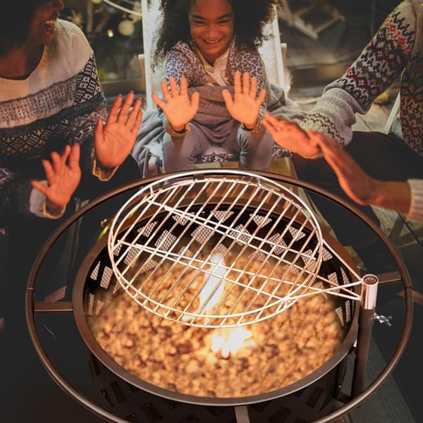 Patio Outdoor Metal Fire Pit Bowl with Grate, Wood Burning Firepit for Camping, Backyard, Heating, Fire Grill Cooking, BBQ Grilling (Diamond Wall 30 Inch Round with Grates)