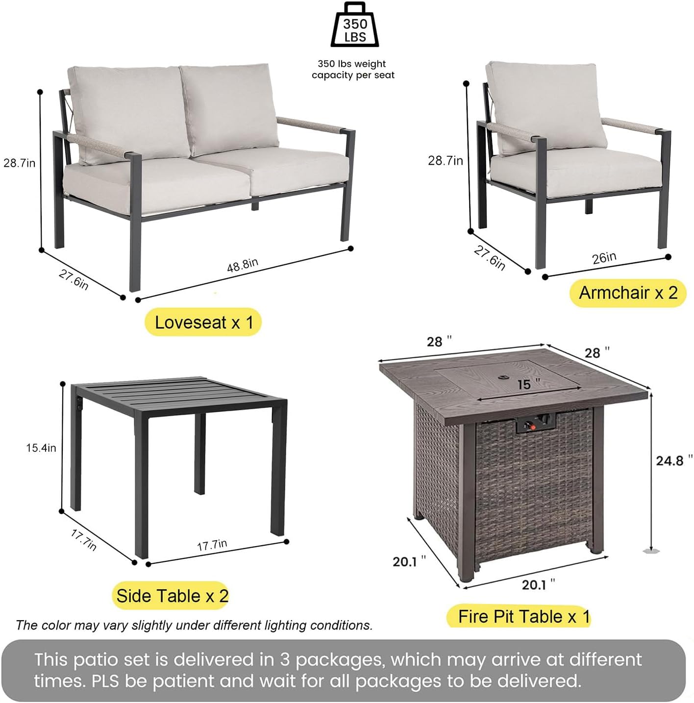 Metal Patio Furniture Set w/Fire Pit Table, 6-Piece Patio Set with 5-Inch Thick Cushions, Outdoor Furniture Set for Garden, Backyard, Balcony, Poolside (Warm Grey)