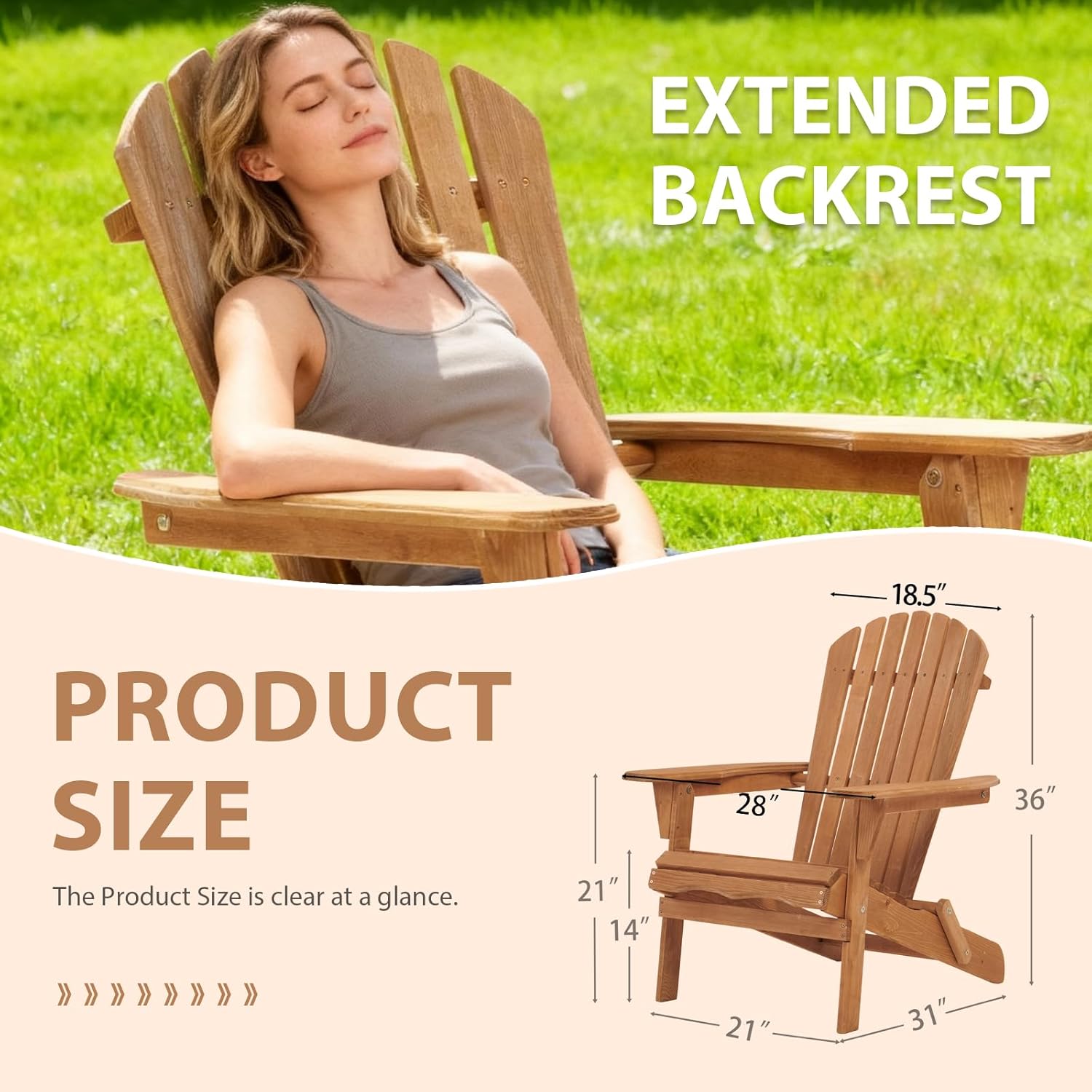 Folding Adirondack Chair Set of 2, Solid Wood All-Weather Fire Pit Chairs with Pre-Assembled Backrest & Seat Board for Deck Backyard Patio Outdoor, Light Brown