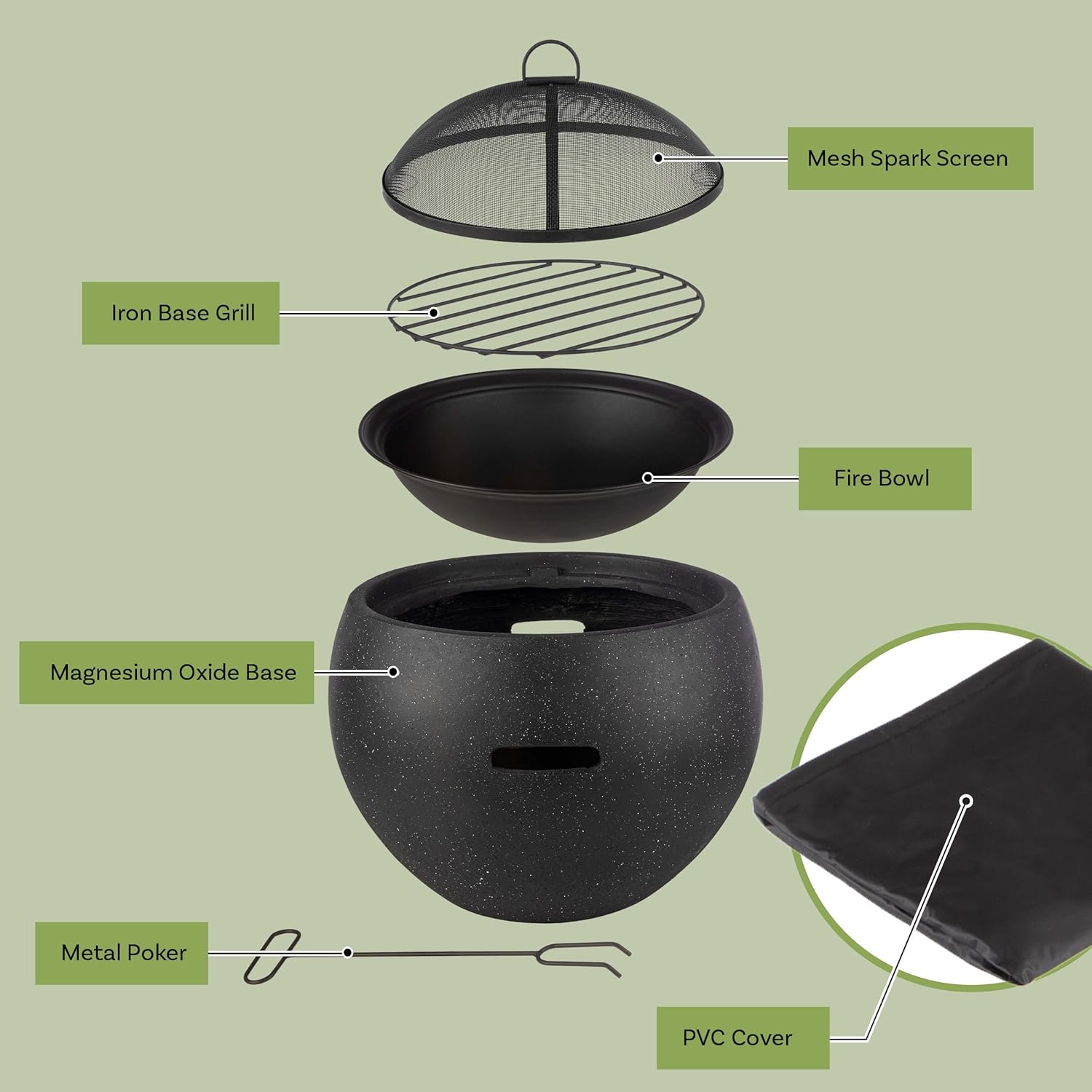 Outdoor Fire Pit - 24” Round Faux Concrete Firepit - Wood Burning Fire Pit with Poker, Screen, Cover - Wood Fire Pits for Outside Patio by Pure Garden