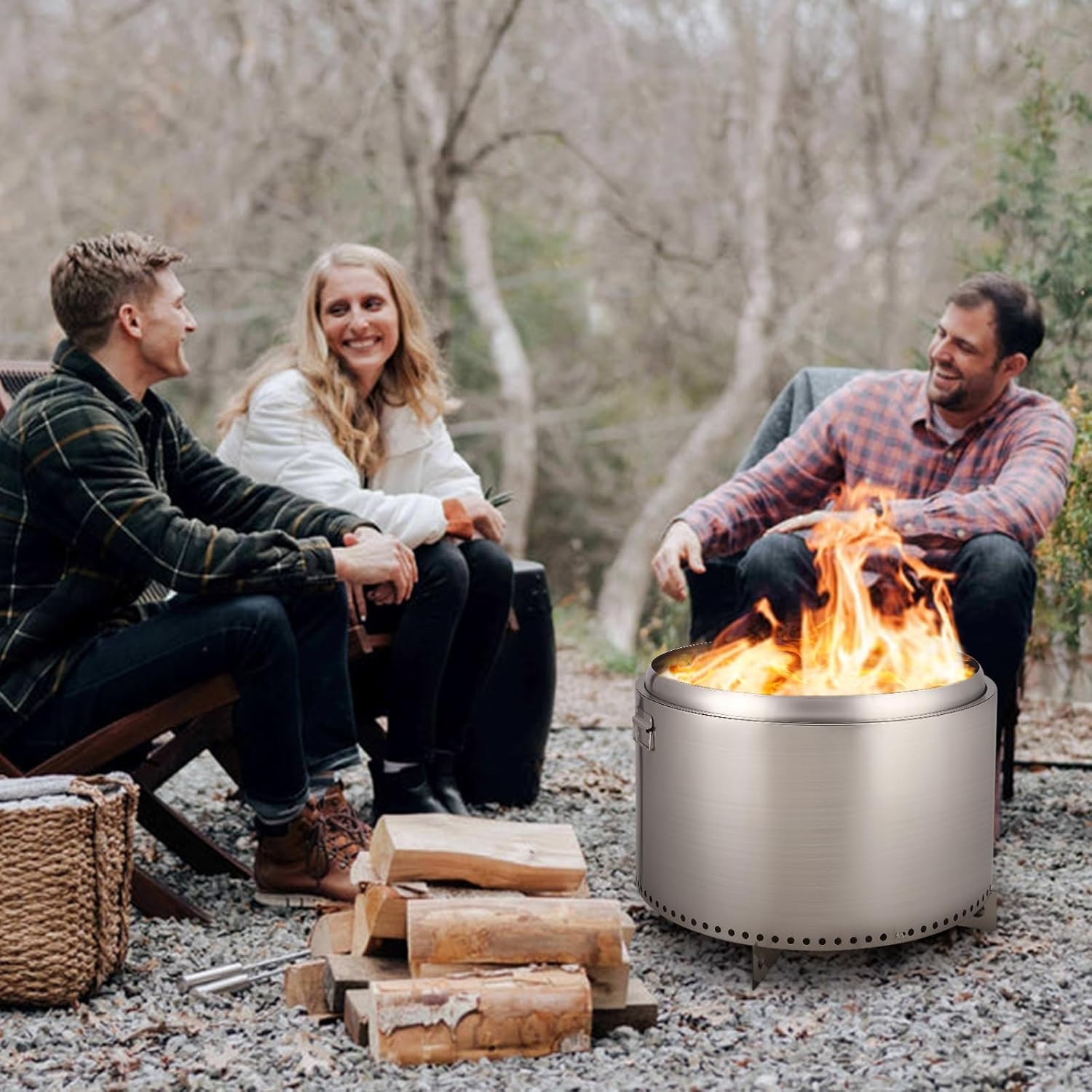 27 in Smokeless Fire Pit with Air Switch, Wood Burning Portable Stainless Steel Outdoor Firepit with Removable Stand & Stove Hook, Ash Pan, for Camping Backyard Patio Picnic, H: 20 in, 35 LBS