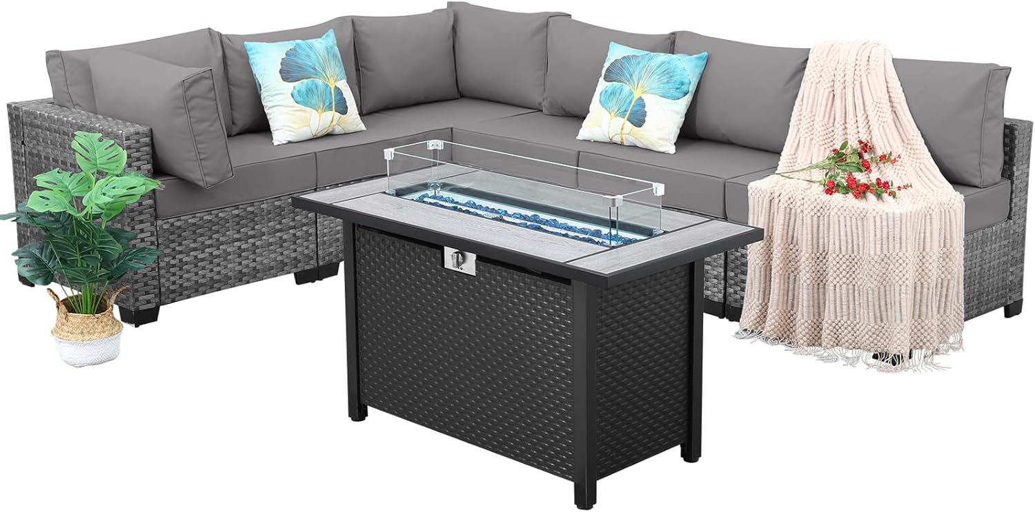 7 Pieces Wicker Patio Furniture Set, PE RattanOutdoor Sectional Conversation Sofa Set with Fire Pit Table, Non-Slip Cushions and Furniture Cover, Light Grey