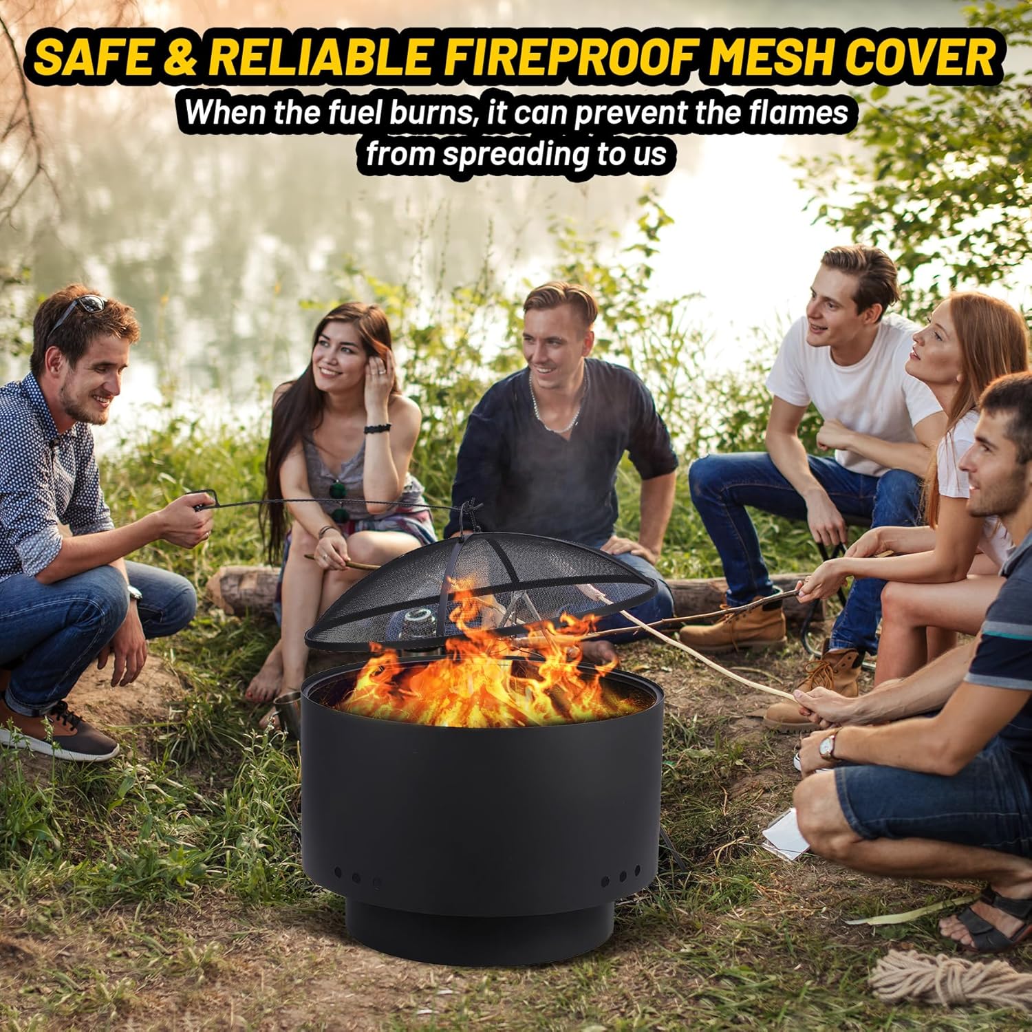 GarveeLife 26 inch Fire Pit, Outdoor Smokeless Fire Pits for Wood Burning, Mesh Lid, Cooking Grate, Cover, Portable Patio Bonfire Pit for Outside BBQ, Yard, Garden, Camping