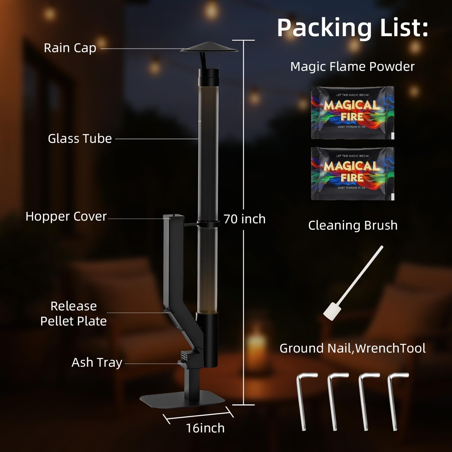 Wood Pellet Patio Heater for Outdoor, 70 Inch Pellet Fire Pit with Rain Cap, 2-Hour Burn Time, Outdoor Pellet Heater for Backyard, Deck, Camping, Matte Black