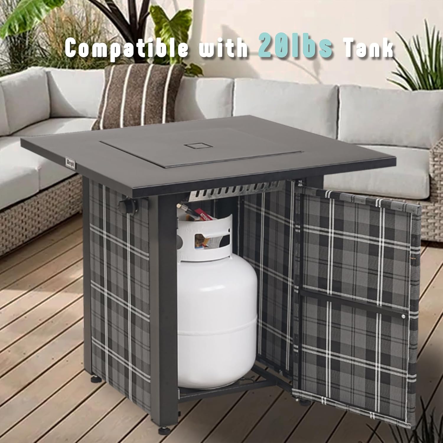 28 in Propane Fire Pit Table, ETL-Certified Fire Table with Lava Rocks for Patio Deck Garden Courtyard, 50,000 BTU Square Fire Pit Table with Lid, Black