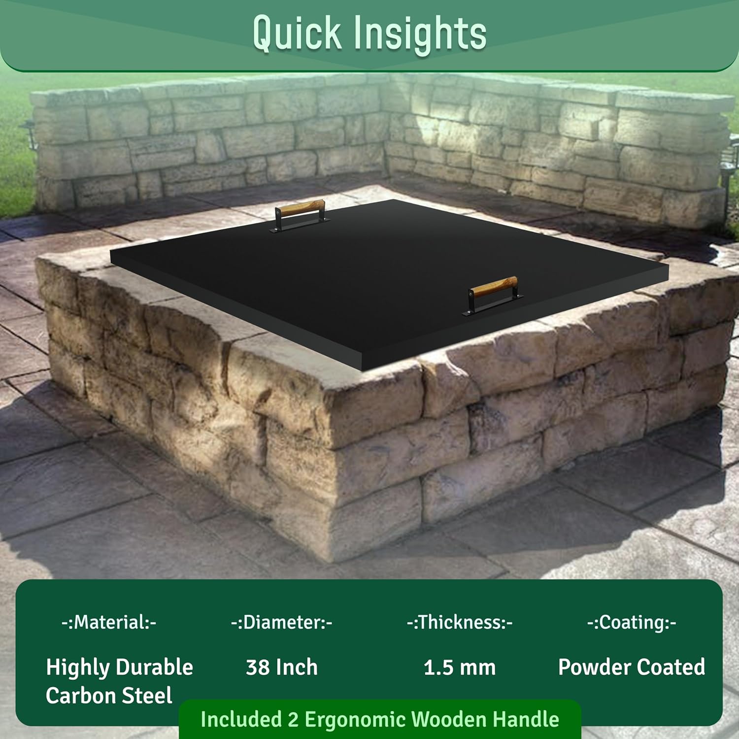 FEBTECH - Fire -Pit Lid - 38 x 38 Inch - Steel Fire-Pit - FirePit Cover Square - Drop-in Burner Pan Lid - 1.5 mm Thickness for Outdoor