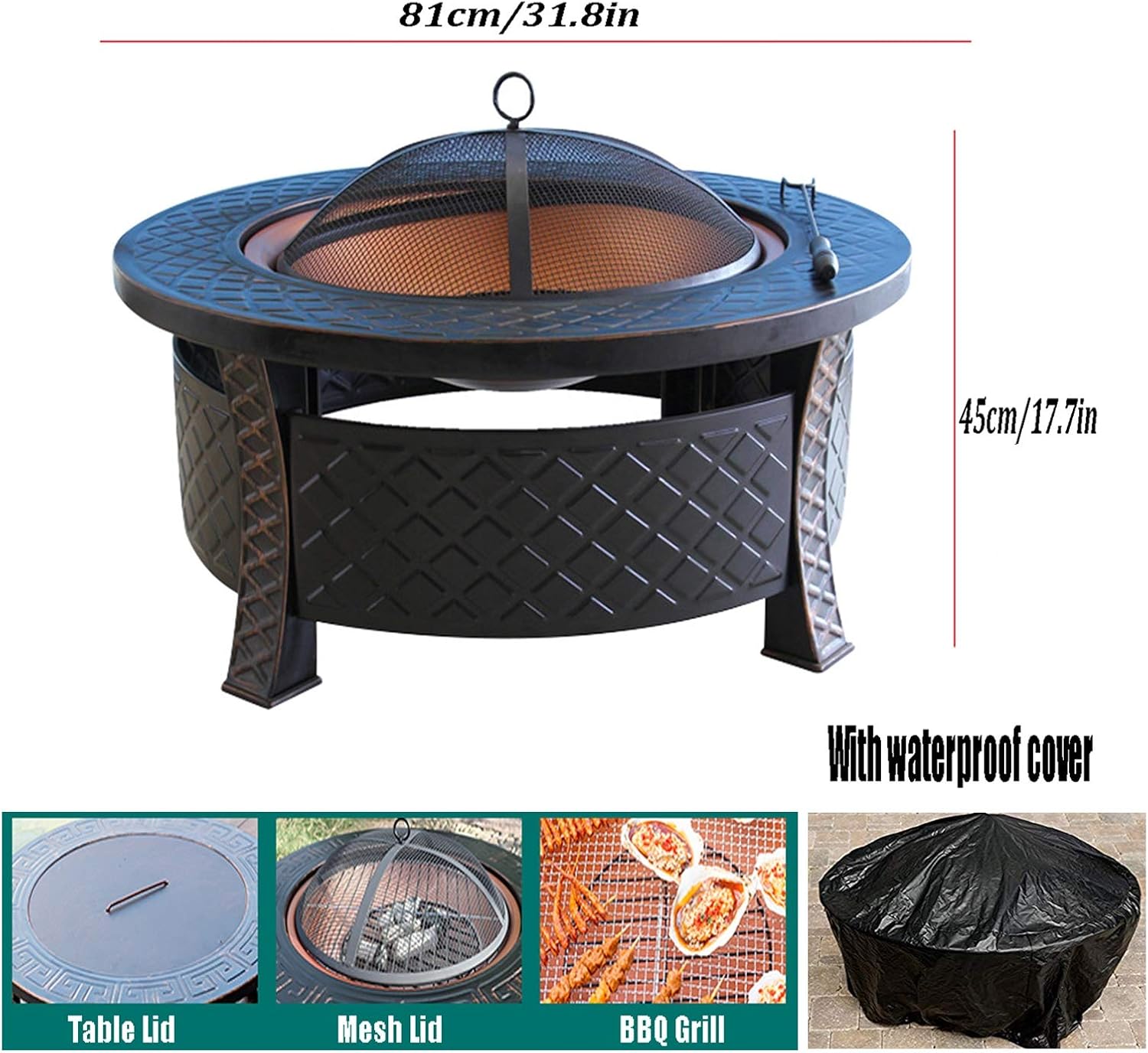 Outdoor Fire Pit Portable Bonfire Pit Barbecue Grill, Garden Outdoor Backyard Patio Fireplace, 81cm/31.8