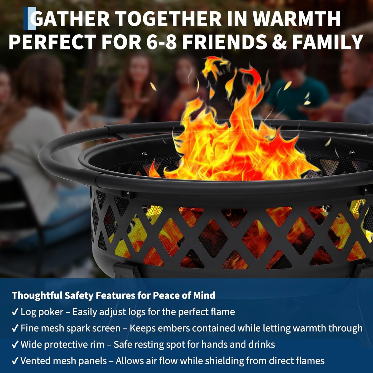 36 Inch Large Outdoor Wood Burning Fire Pit with Lid and Poker, Heavy Duty Round Steel Firepit for Patio, Backyard, BBQ, Picnic, Party, Outdoor Heating