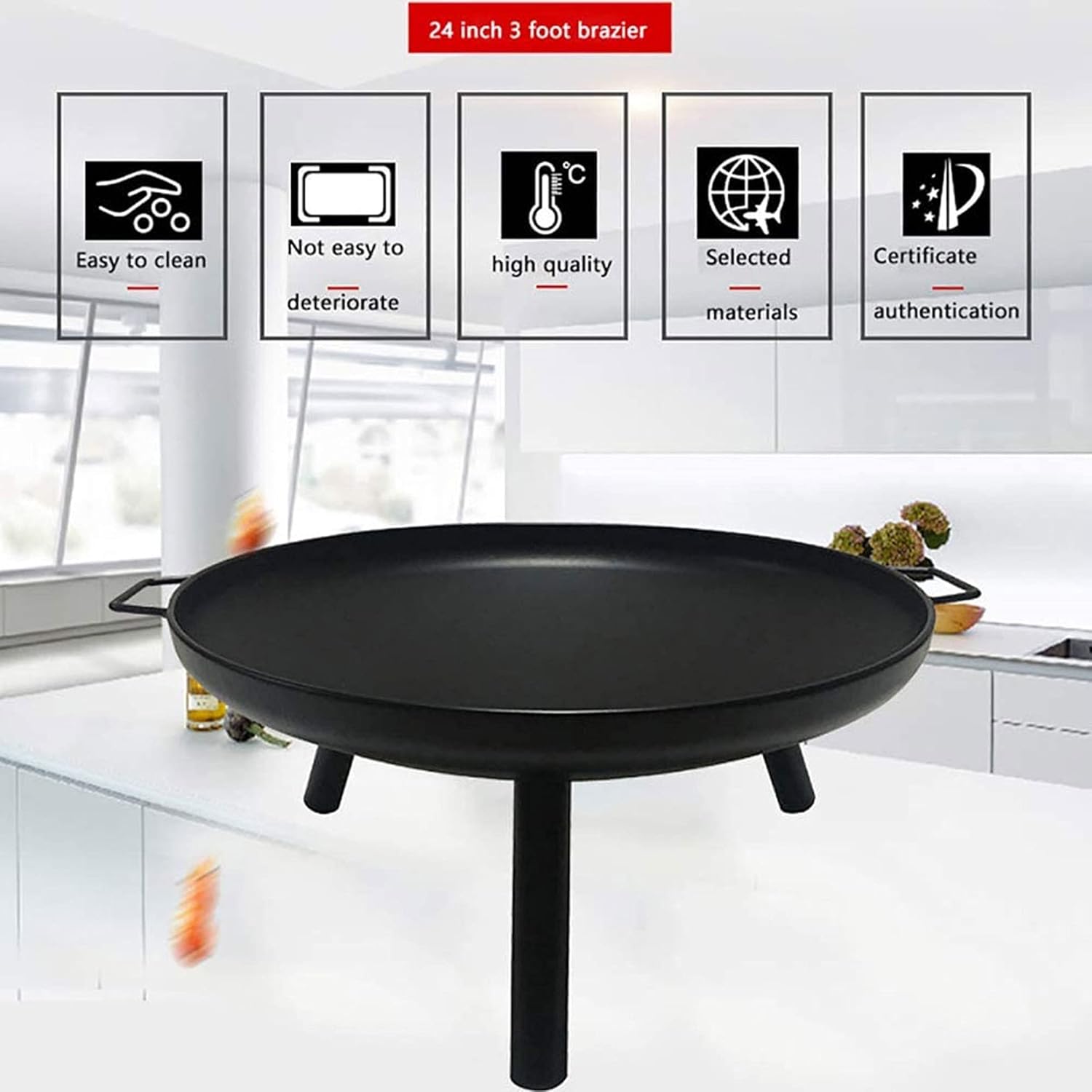 Large Fire Pit Bowl w/Handles & Retractable Barbecue Sign,Wood Burning Fire Pit