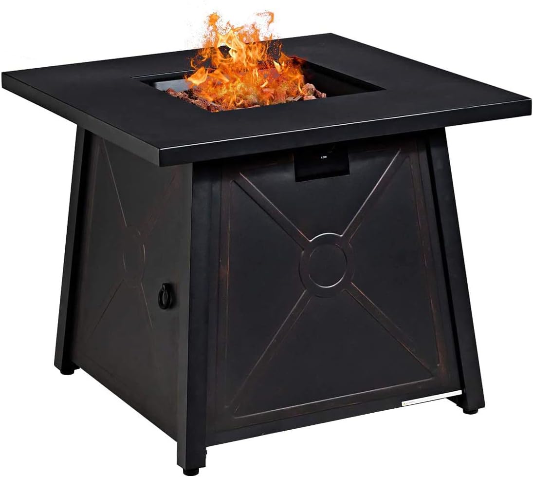 Giantex Gas Fire Table, 30 Inch Square Firepit Table 50,000BTU Fire Pits Tables w/Waterproof Cover, ETL and CSA Certification Patio Auto-Ignition Propane Heater Fireplace Table w/Lava Rock (Black)