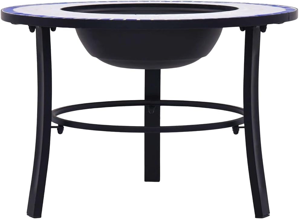 Mosaic Fire Pit Blue and White Steel Fire Pit Bowl with Grid and Tabletop for Outdoor Heating and BBQ Use 26.8