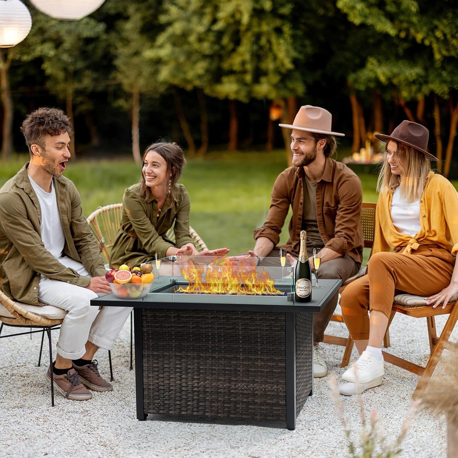 Outdoor Fire Pit 50,000 BTU Propane Gas Fire Table with Lid Fireplace Glass Wind Guard Wicker Base for Garden Patio Backyard