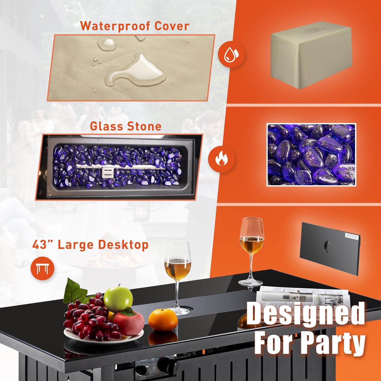 Flamaker Gas Fire Pit Table 43 inch 50000 BTU Outdoors Gas Propane Firepits with Tempered Glass Desktop, Lid & Lava Rock and Waterproof Cover for Deck, Backyard, Patio