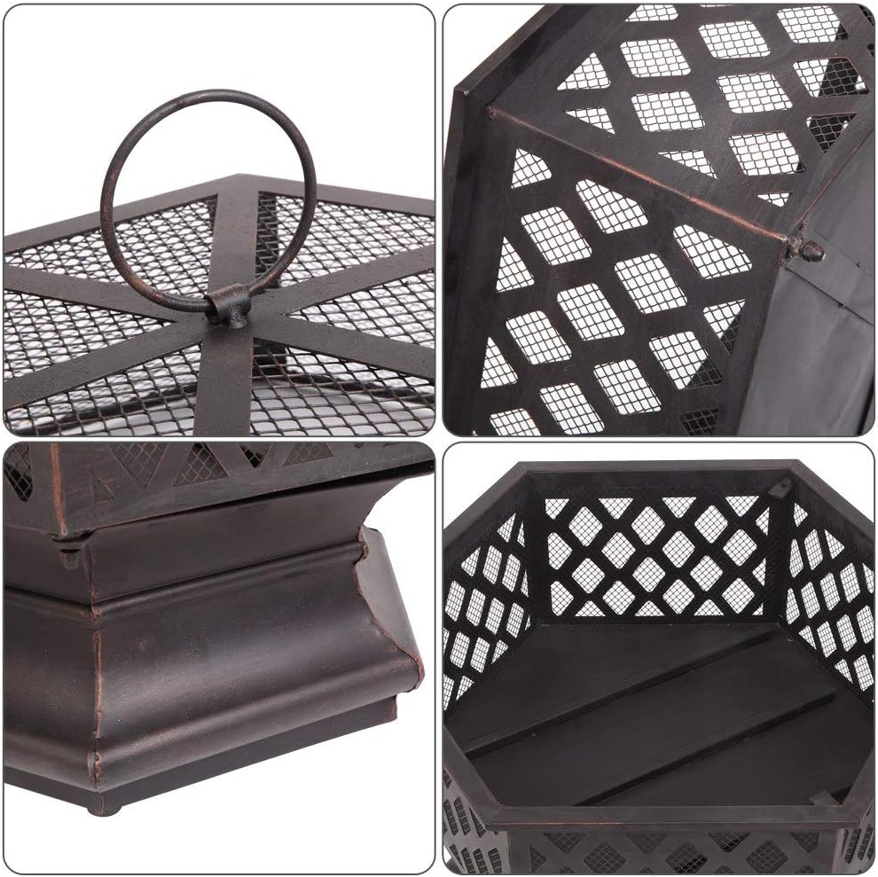Outdoor Fire Pit 26 inch Hexagonal Patio Firepit Wood Burning Fireplace Portable Metal Fire Bowl with Mesh Screen Cover for Camping Picnic Bonfire Backyard Garden, black