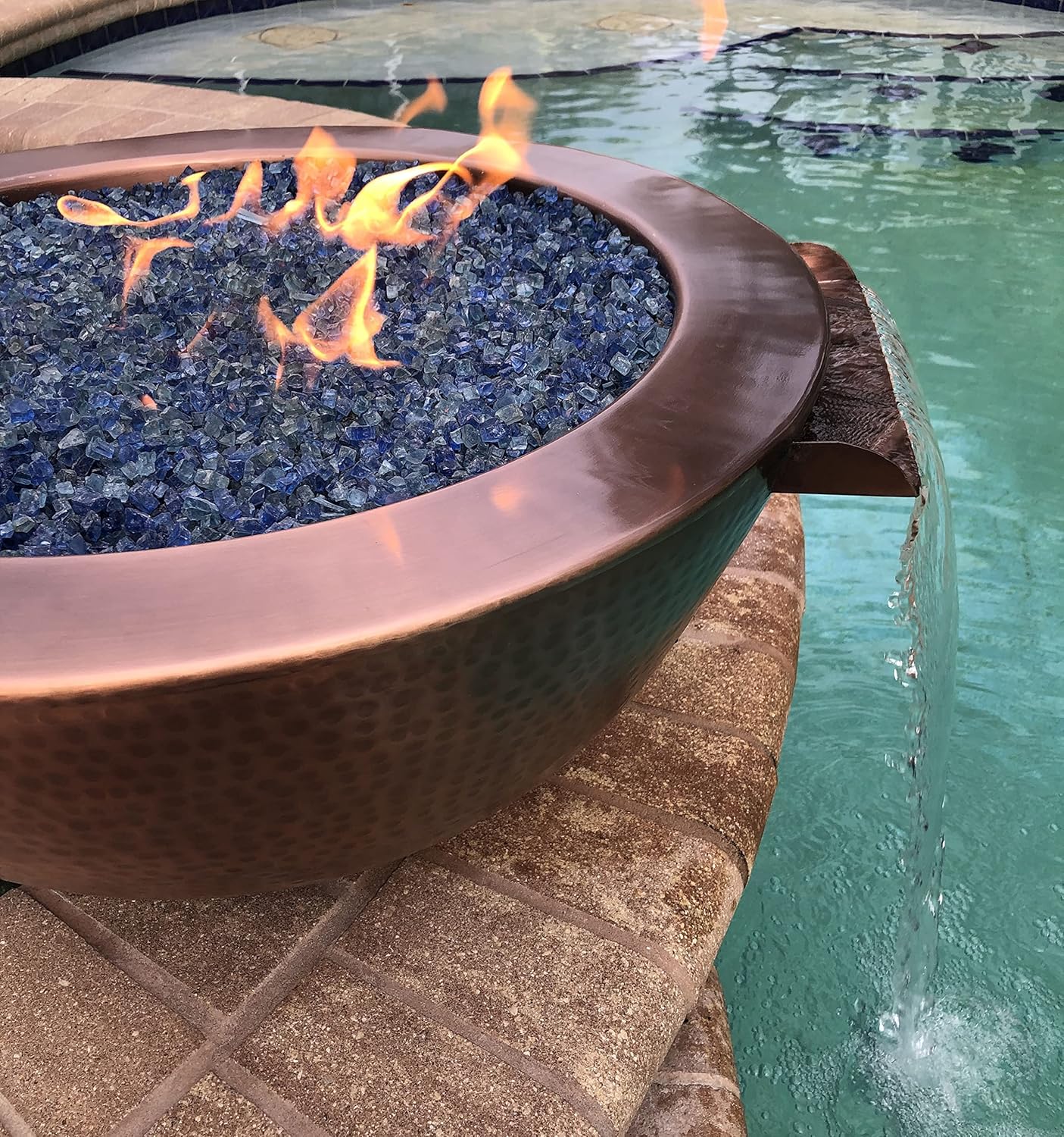 26 Inch Hammered Copper Water Bowl Fountain Round Propane or Natural Gas Fire Pit with 12 inch Diameter Burner Ring 92,000 BTU