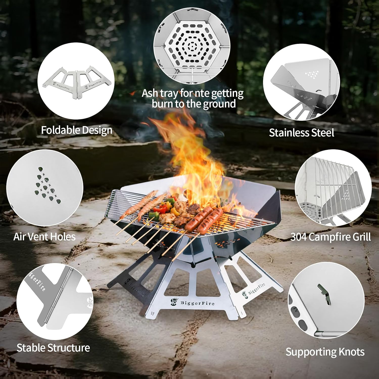 Foldable Portable Fire Pit,Stainless Steel Fire Pits with Charcoal Grill Net and Storage Bag,Camping Fire Pit Grill for Patio Outdoor Barbecue Campfire Bonfire (Medium)