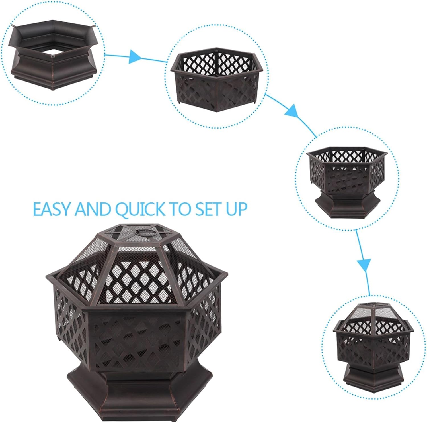 22” Hexagonal Outdoor Fire Pit, Wood Burning Fire Bowl with Spark Screen Cover, Large Bonfire Pit Portable Firepit for Outside Camping Garden Patio Backyard