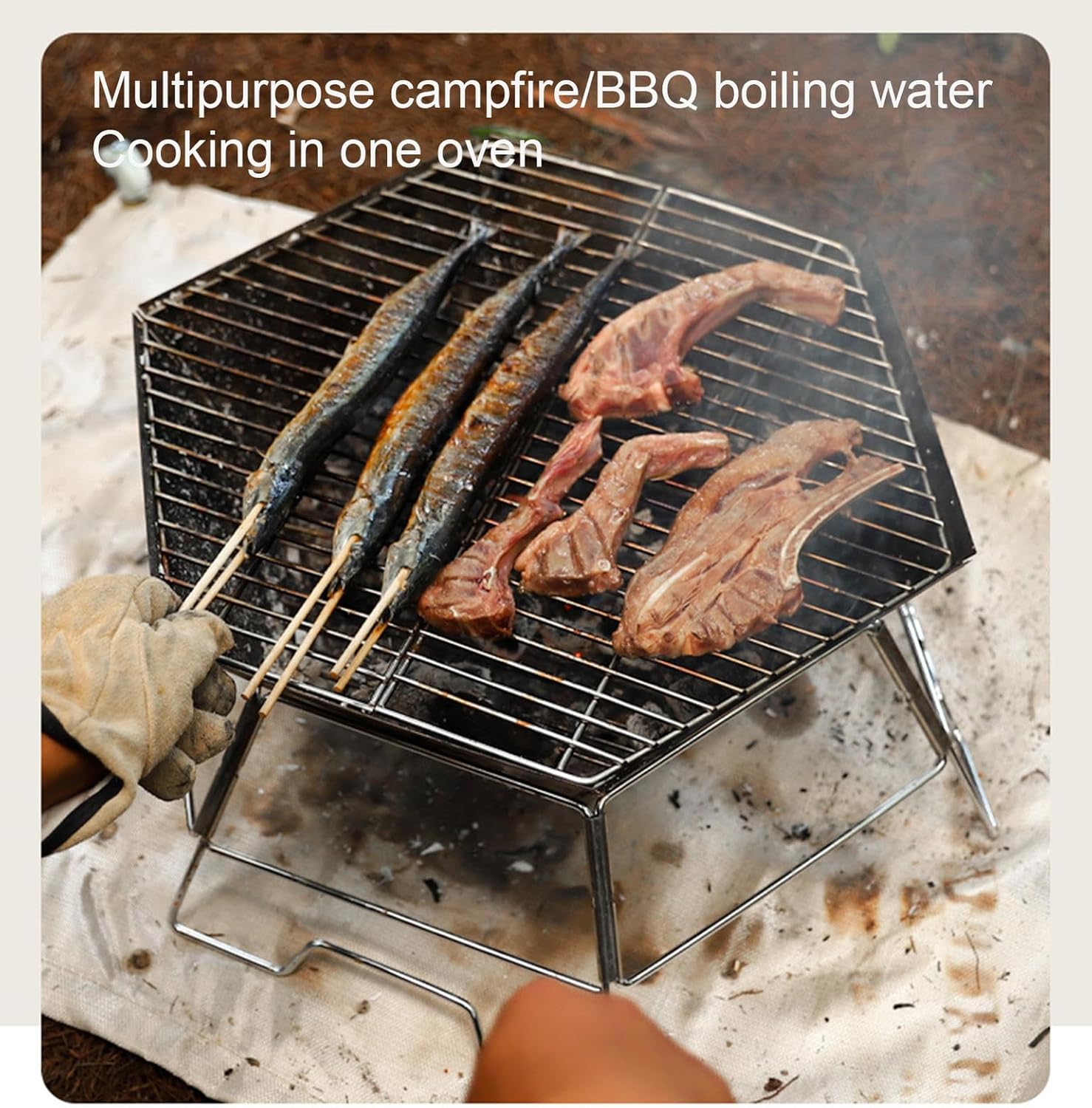 Portable BBQ Charcoal Grill 304 Stainless Steel Camping Fire Pit,Large Cpacity Hexagonal Collapsible Campfire Grill with Carrying Bag