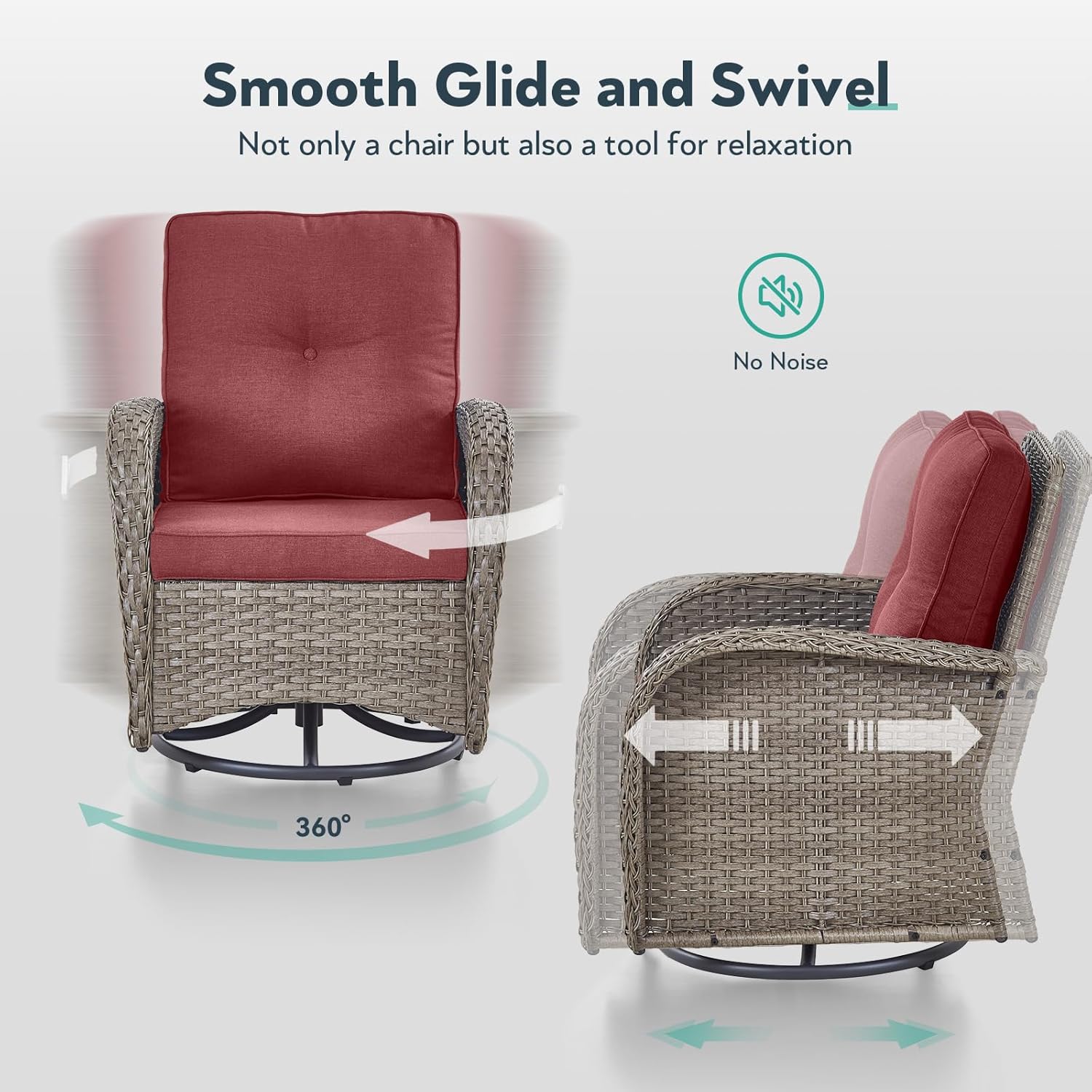 7 Piece Patio Furniture Set with Fire Pit Table - Wicker Patio Conversation Set with 4 Swivel Glider Chairs and 2 Tempered Glass Side Tables for Deck Backyard - Grey Wicker Red Cushion