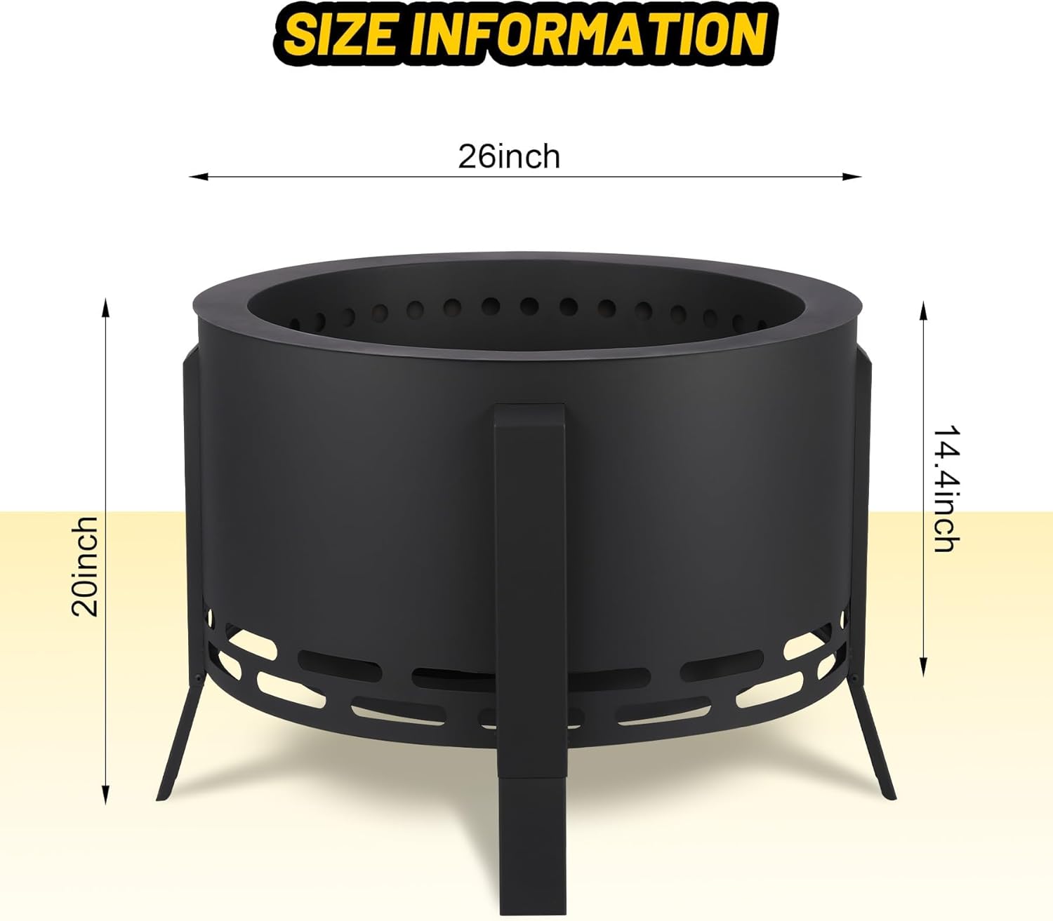 26 Inch Smokeless Fire Pit Stove Bonfire, Outdoor Steel Fire Pit with Adjustable Foot, Fire Poker and Dust Bag, Large Firepits for Outside Wood Burning Black