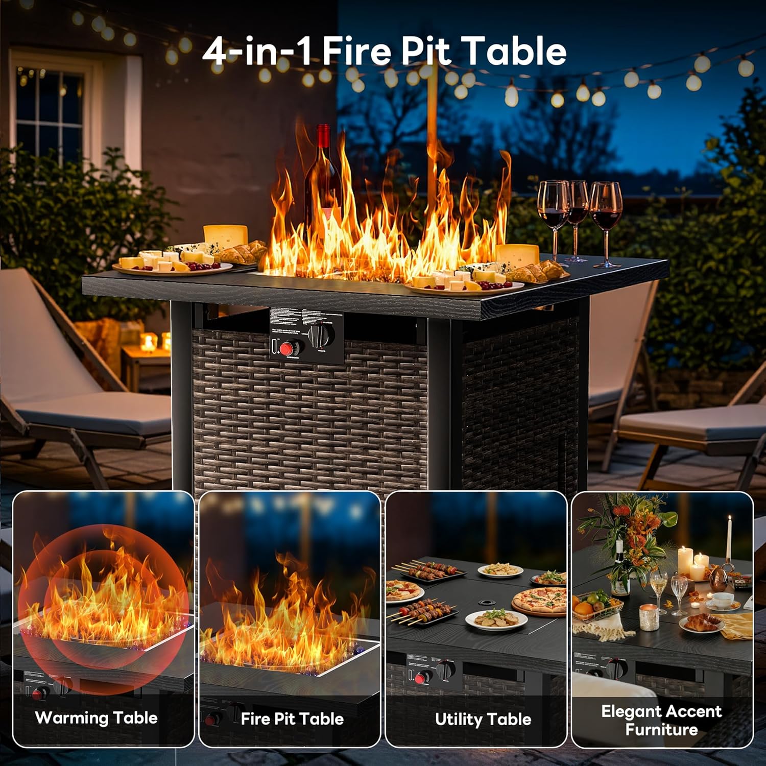 28” Outdoor Propane Fire Pit Table, 50,000 BTU Square Rattan Gas Fire Pit with Lid & Blue Crystal Stones, Steel Tabletop, Adjustable Flame, 4-in-1 FirePit Table for Patio, Backyard, Outdoor Gatherings