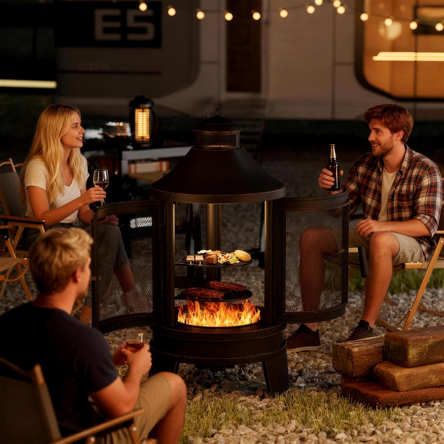 Outdoor Wood Burning Chiminea Fire Pit,24 Inch Metal Fireplace with Adjustable Grill Tray, Spark Screen Door & Fire Poker,Chiminea Firepit for Patio, Garden, Backyard,Black